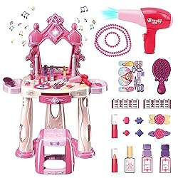 Pretend Play Girls Makeup Table Set with Stool，Kids Vanity Set with Lights and Music，Toddler Beauty Salon Set with Makeup Accessories & Hair Dryer Toy，Best Birthday Gifts for Toddlers 2-5 Years Old