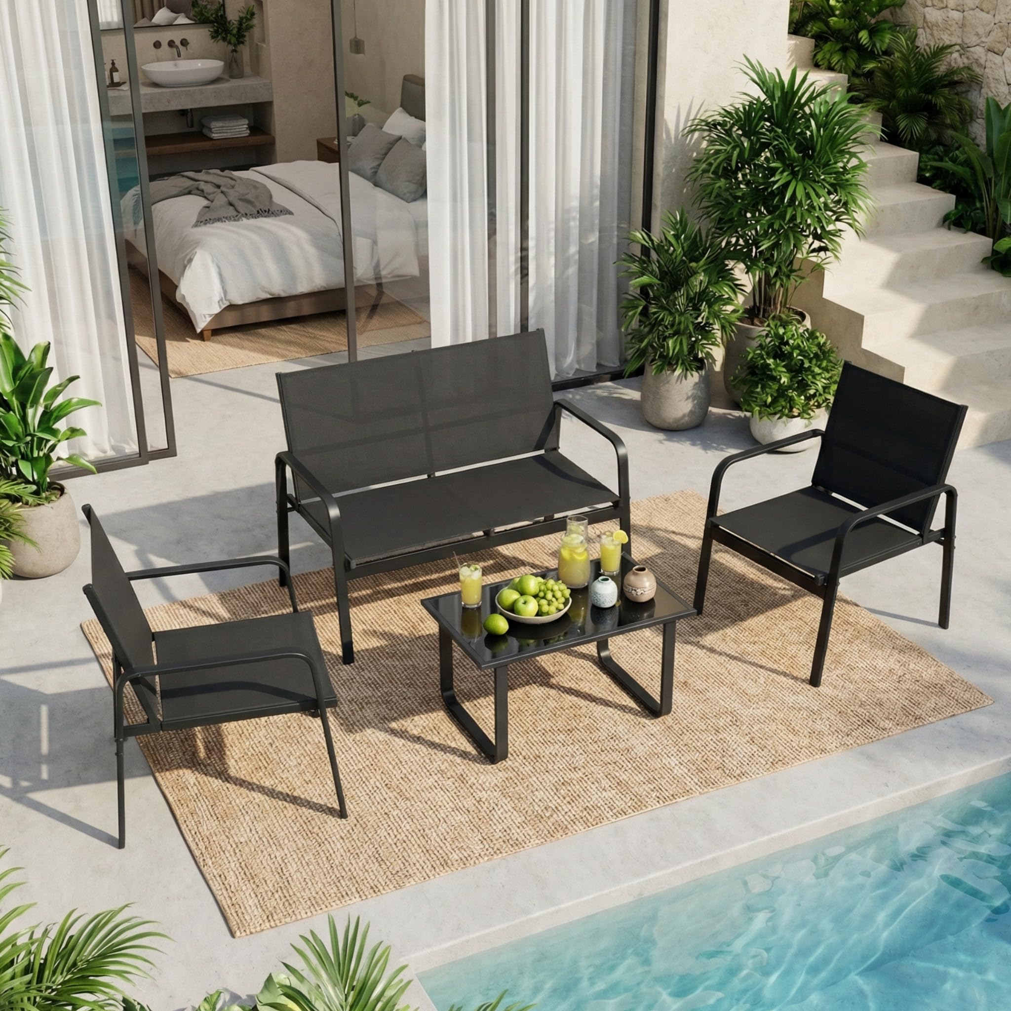 Mondeer Gartenmöbel Set mit Armlehnen 4-TLG für Garten Balkon Außen | Terrassenmöbel Außen mit Tisch Sofa und 2 Stühlen, Balkonmöbel Set mit Textilene, Schwarz