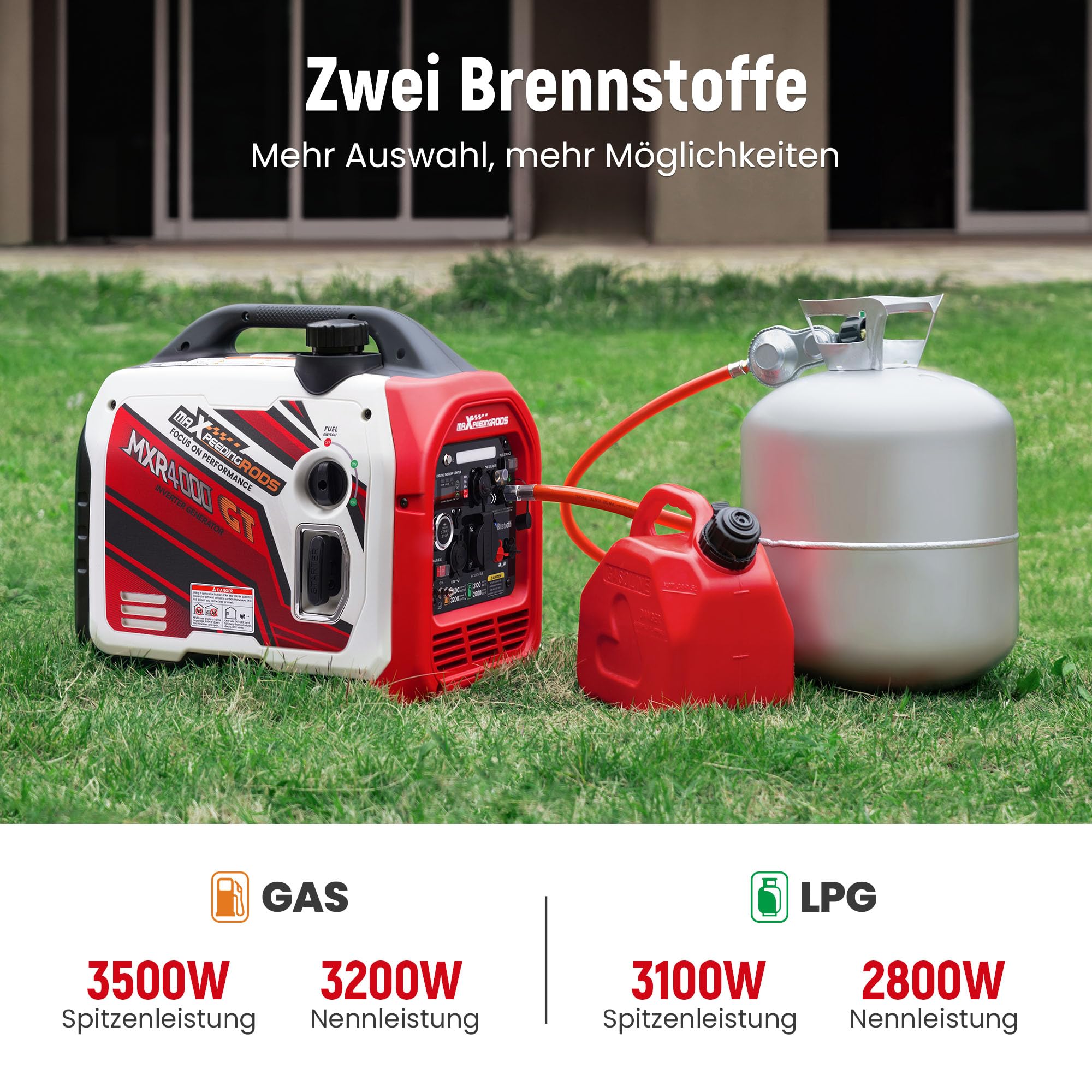 maXpeedingrods Generator prądu inwerterowego 3500W, LPG, benzynowy | cichy generator prądu z aplikacją Bluetooth®, zdalnego sterowania, generator prądu, lekki jako awaryjny agregat prądu na