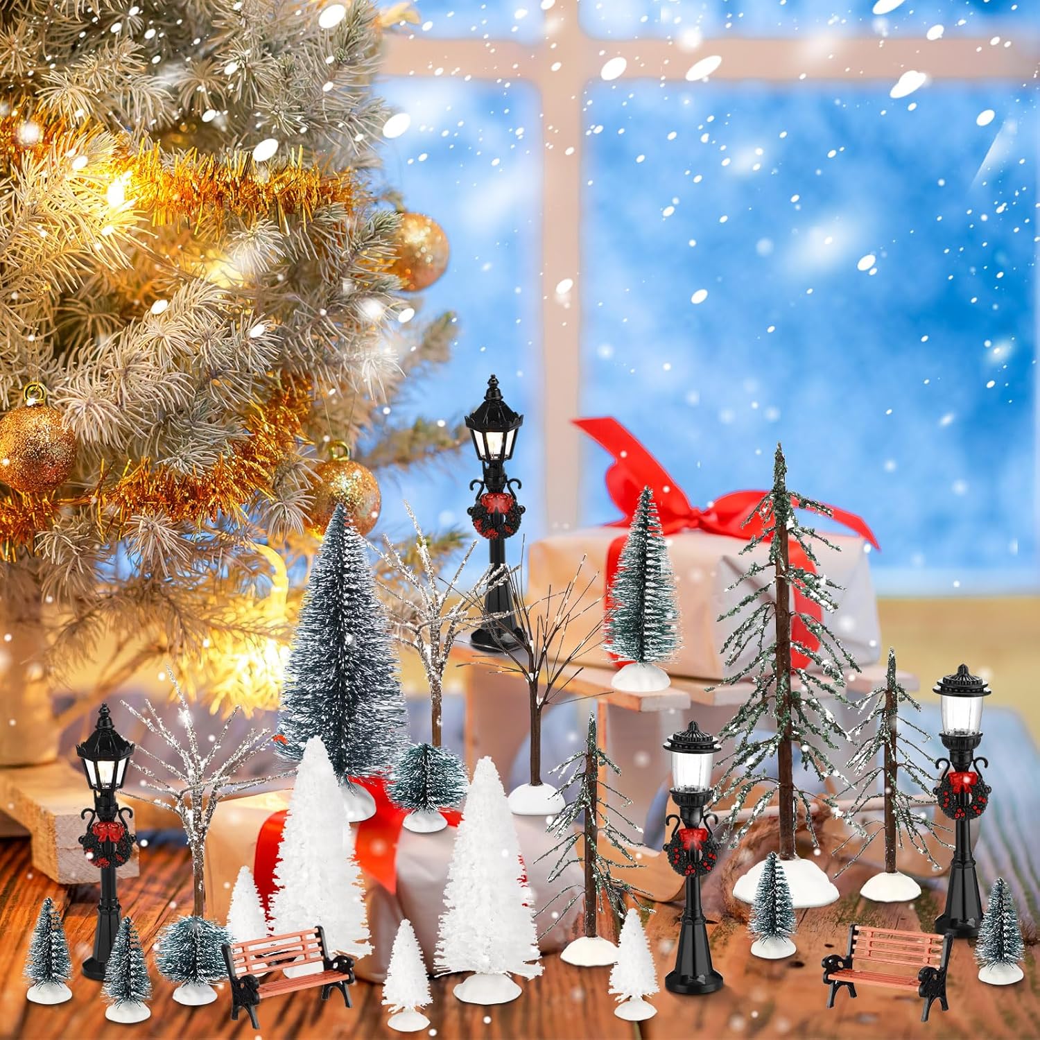 Hotop 28 Pcs Mini Artificial Christmas Village Tree Set Snow Christmas Pine Bare Branch Trees Xmas Street Lamp Post Miniature Park Bench Seat Cobblestone Street for Decoration(Vivid) - Image 5