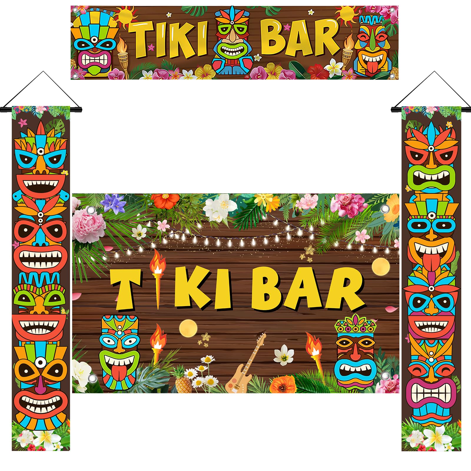 4pcs Luau Party Decorations Tiki Totem Door Banner Sign Porch Cover Tiki Bar Background Photography Wall Hanging Decor for Aloha Hawaii Luau Tropical Moana Birthday Carnival Party Outdoor — image 1