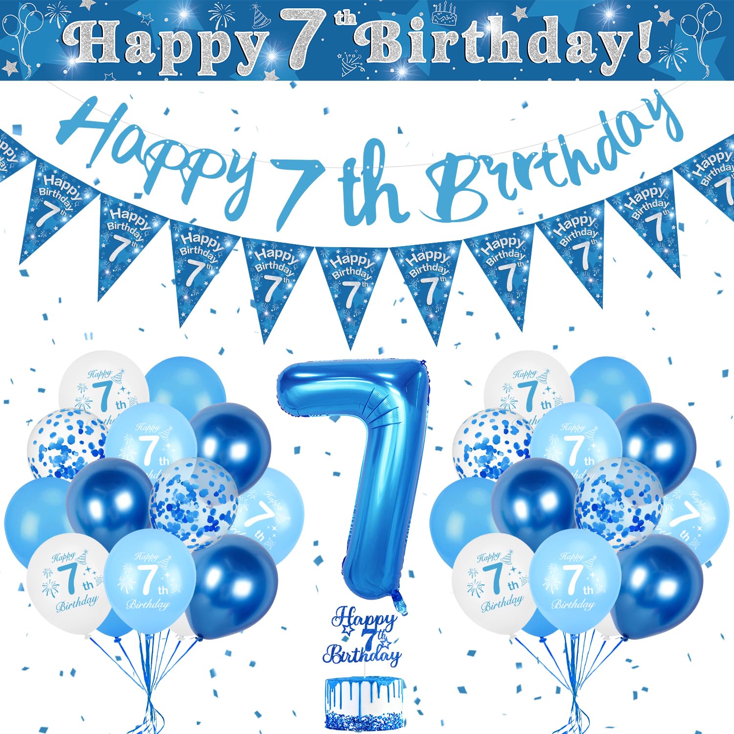 7. Geburtstag Jungen Deko Set - Luftballon Blau, Lange Banner, Riesen Folienballon, Happy Birthday Girlande - Ballon Dekoration