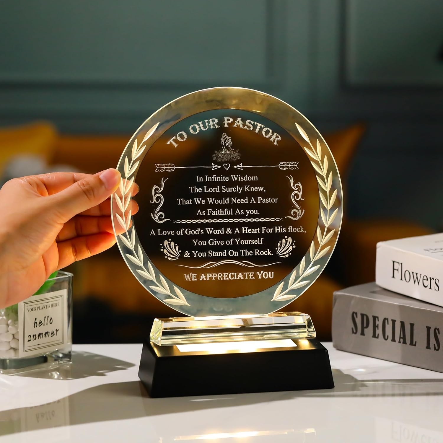 Pastor Appreciation Gifts For Men Women - Best Pastor Gift Crystal Plaque with Led Base For Pastors Home Office Decor Thank You Presents On Birthday Pastor'S Day Fathers Day Christmas - Image 2