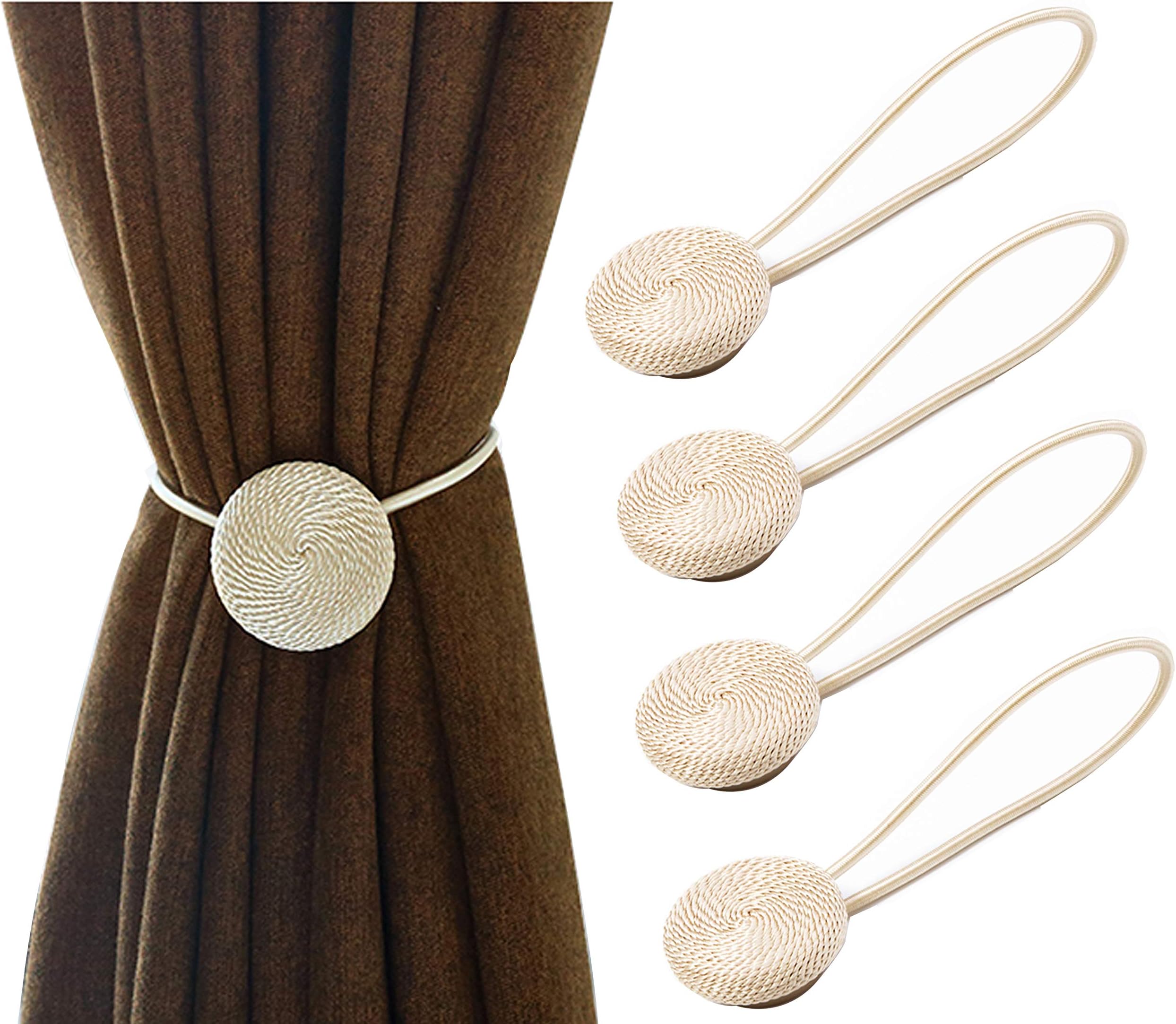 Aucheer Magnetic Curtain Tiebacks, Modern Ropes Holdbacks Holders for Curtain Drapes Tie Backs Handmade Rural Decorative for Indoor/Outdoor Home Office Kitchen Window Decor - Beige Pack of 4