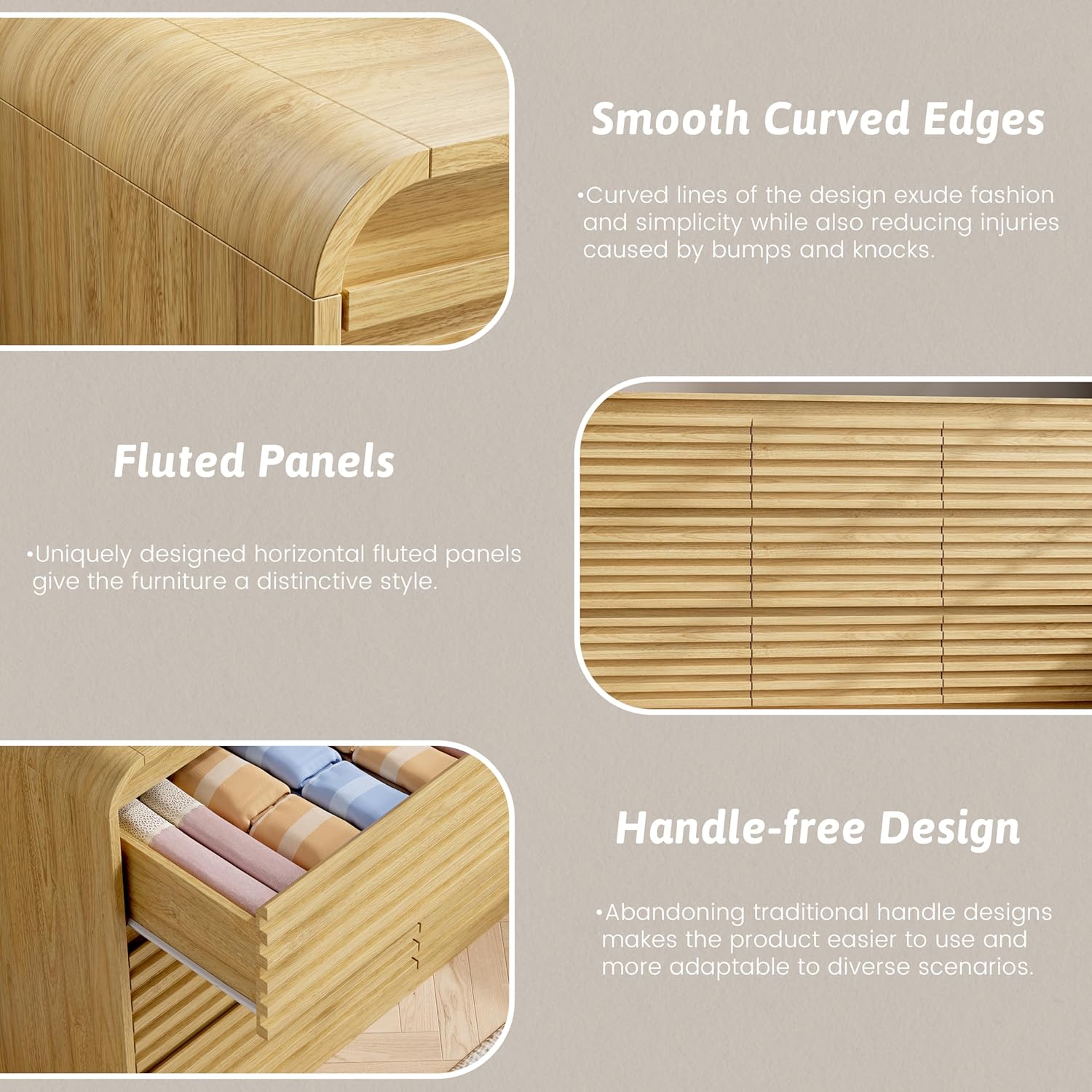 Dresser and Nightstand Sets for Bedroom, 3 Pcs Bedroom Set, Fluted 9 Drawer Dresser with Curved Profile and Night Stand Set of 2 with Charging Station, Wood Chest of Drawers, Natural Oak