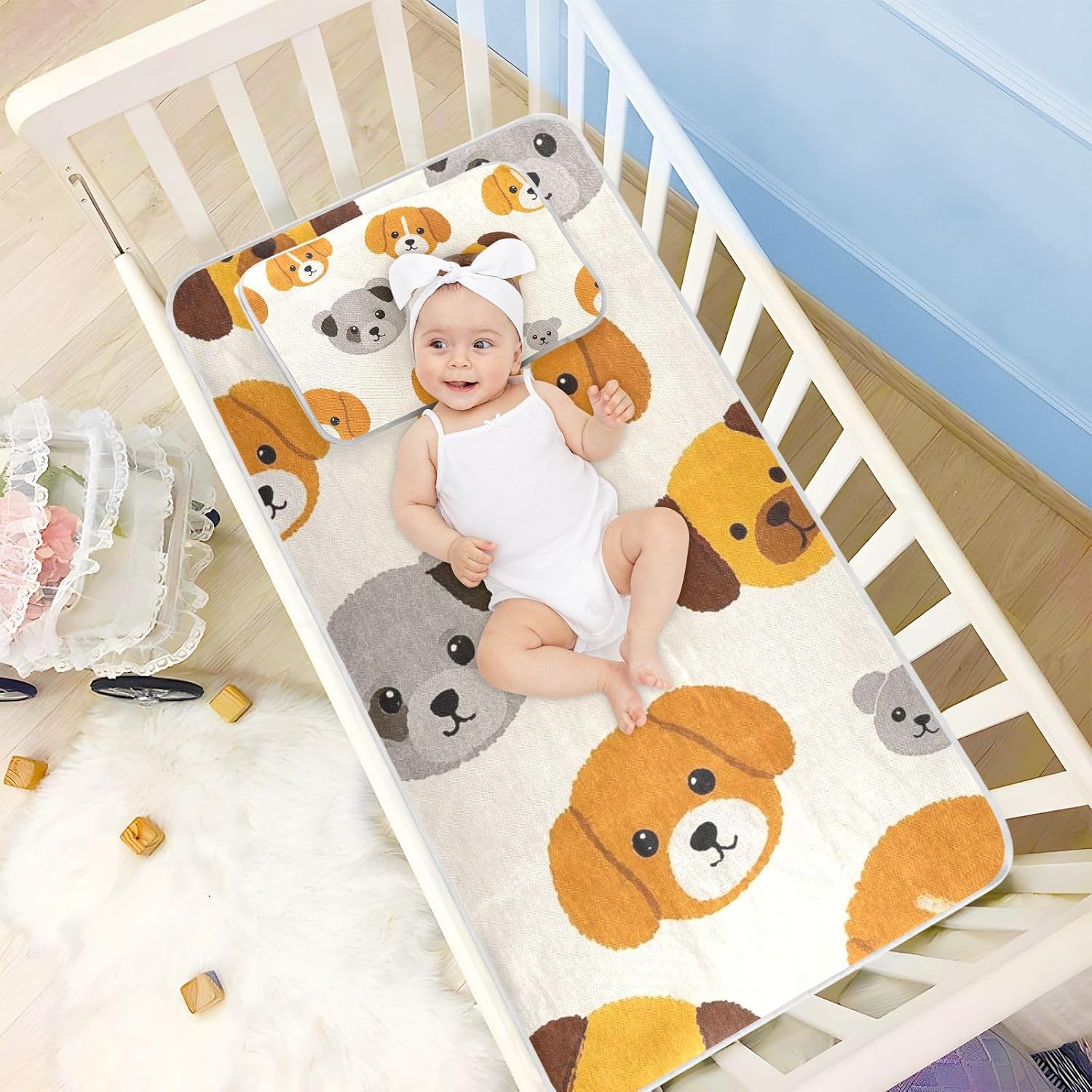 Cartoon Cute Brown and Gray Dog Cooling Baby Fitted Crib Mattress 28" x 52" Absorbent Crib Padding for Sides for Kids, Adult