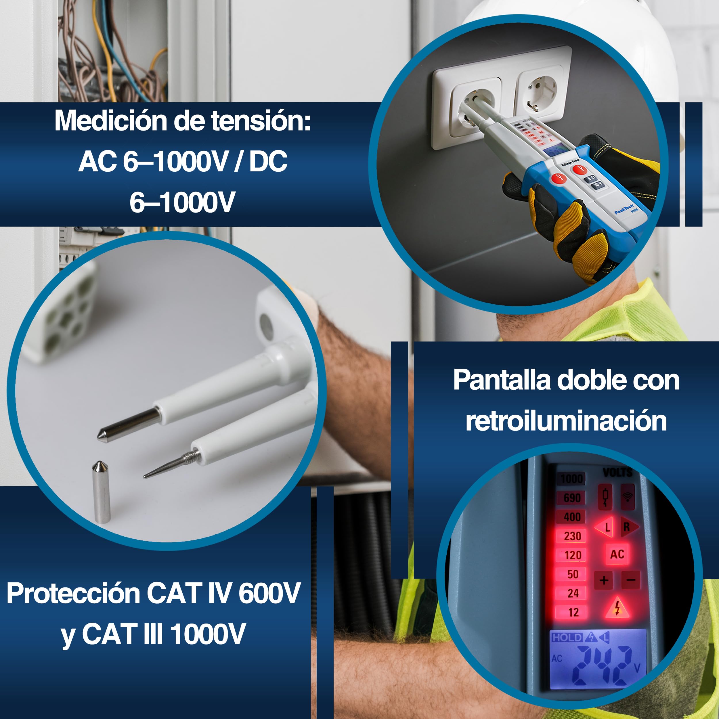 PeakTech, 1096, Comprobador de tensión CA/CC de 2 polos con doble pantalla y test RCD, protección contra polvo y agua (IP64), pantalla LCD + linterna, comprobador de continuidad