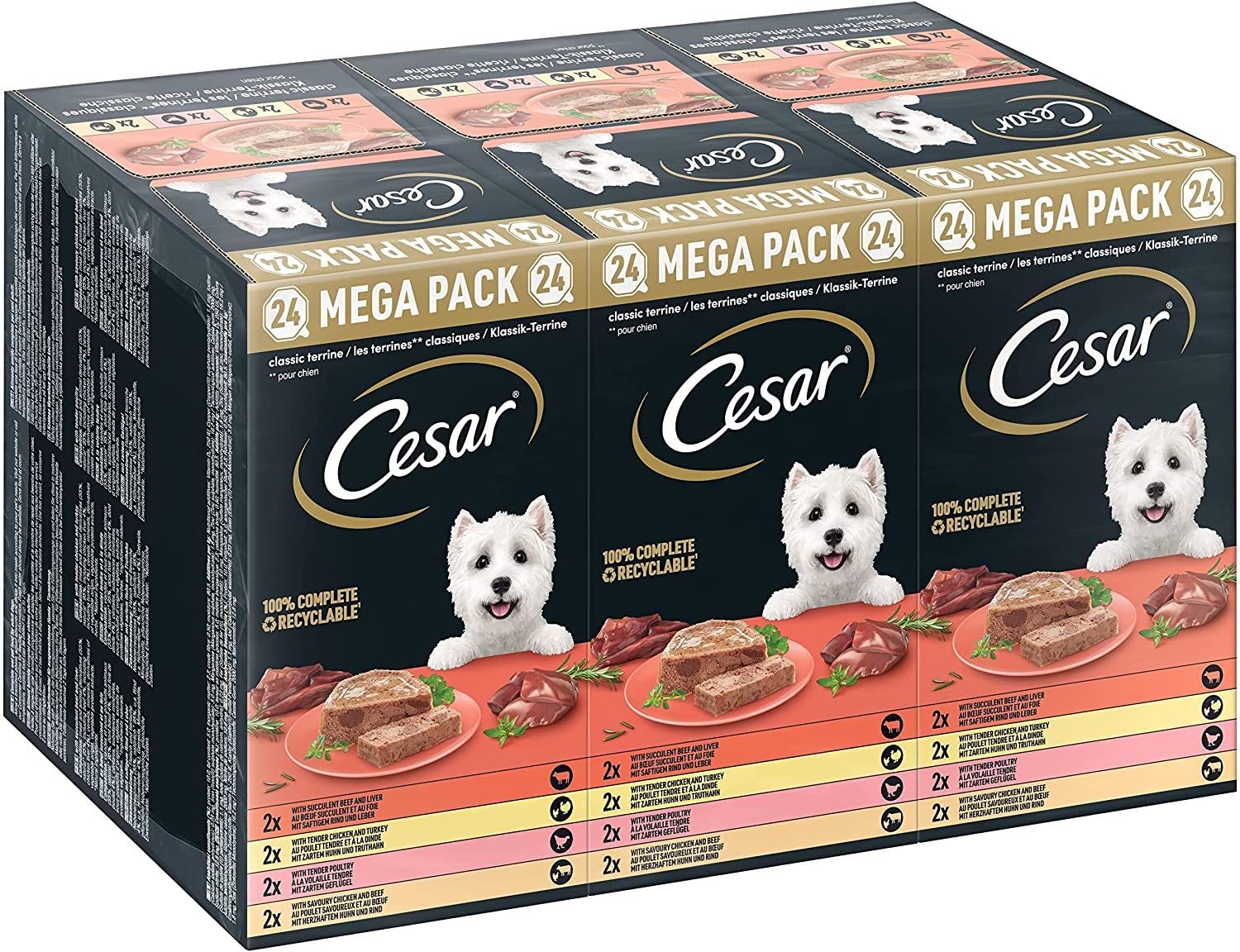 Cesar Megapack - Terrine Classique - Nourriture Humide pour Chien dans Un Bol - 4 variétés en Multipack - 24 x 150 g