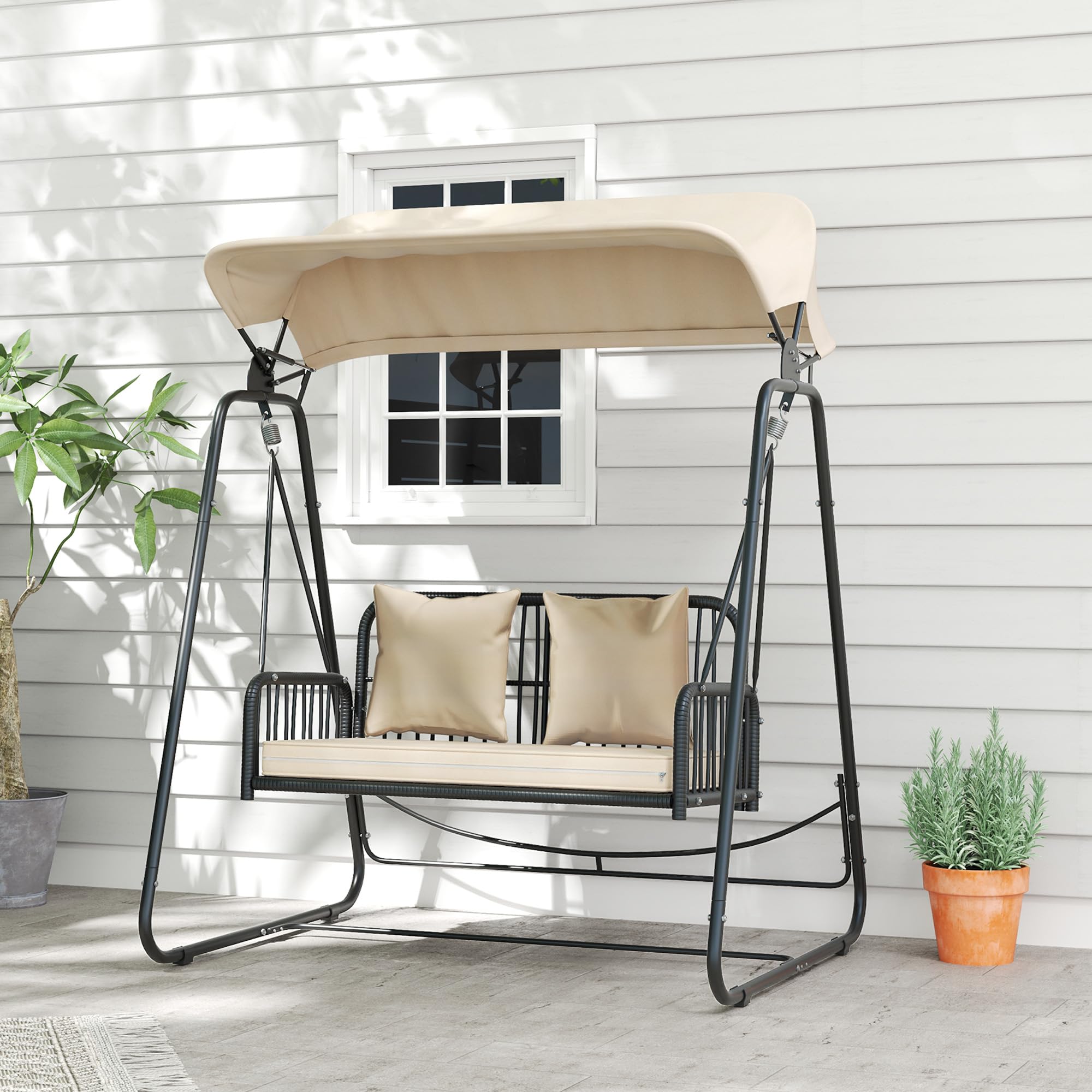 Outsunny Columpio de Jardín de 2 Plazas Balancín de Jardín Exterior con Toldo Retráctil Cojines y Estructura de Acero con Ratán PE Anti-UV para Balcón Terraza Patio Carga 240 kg 149x121x180 cm Caqui