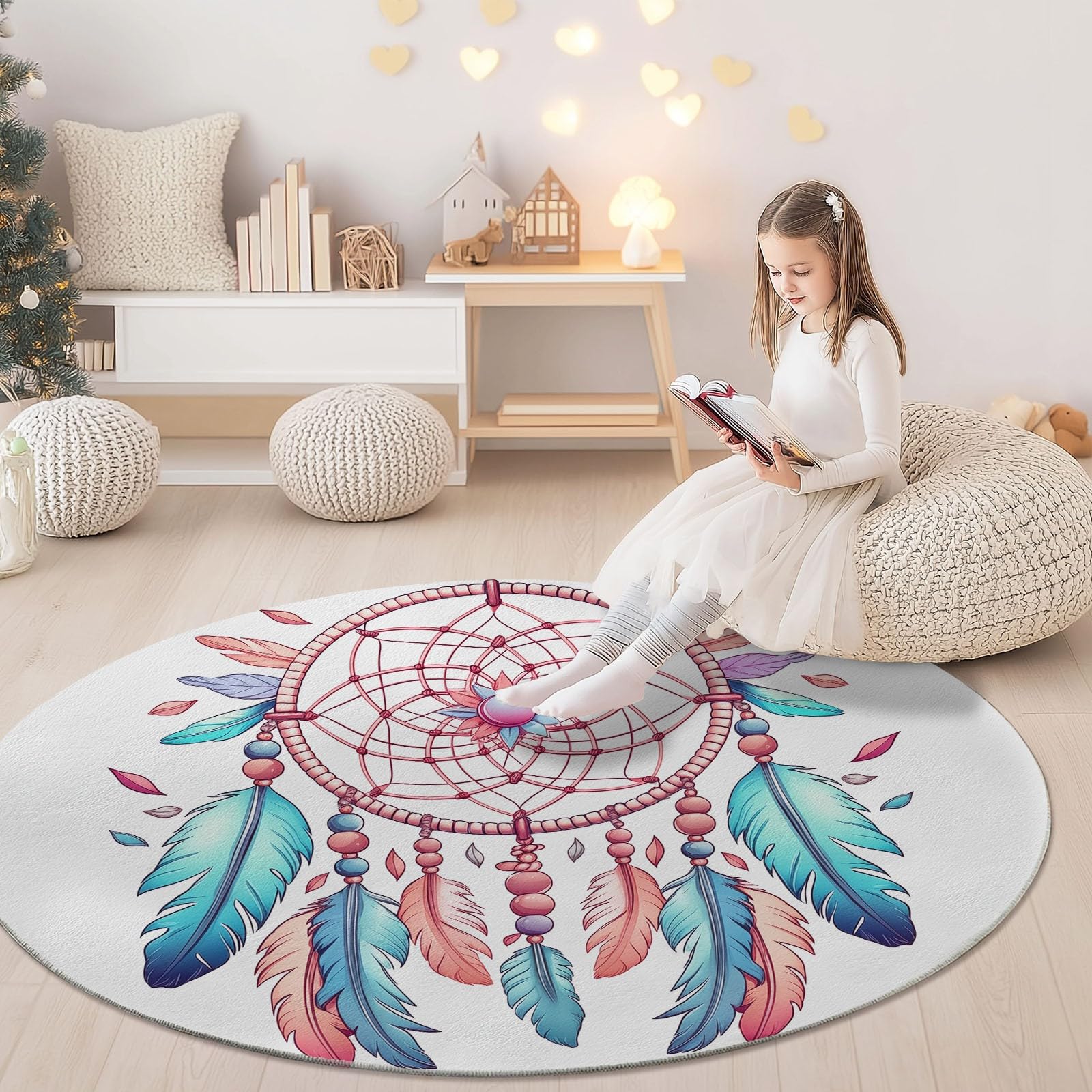 Rosa Cyan Rund Teppich Wohnzimmer, Aquarell Traumfänger Federn, 120 cm Großer Weich Kurzflor Teppich Waschbarer rutschfest Teppiche für Esszimmer Küchen Schlafzimmer Studie Heimbüro