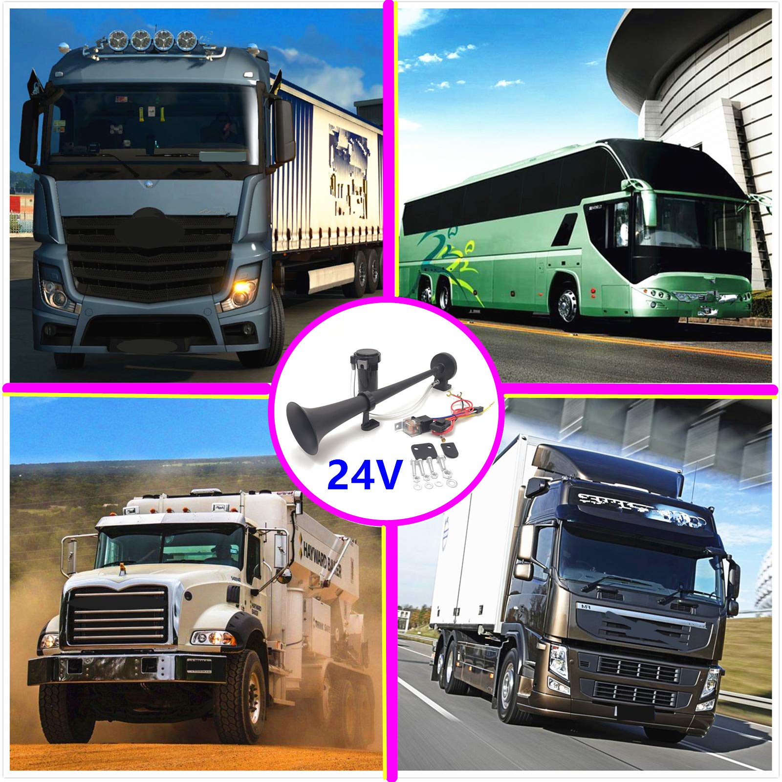 Viping Air Horn 24V Car Horn 150DB Car Speaker 450mm Chrome Zinc Single Trumpet Truck Air Horn Black Super Loud Horn with Compressor Air Pump Horn for any 24V truck van boat motorcycle train etc