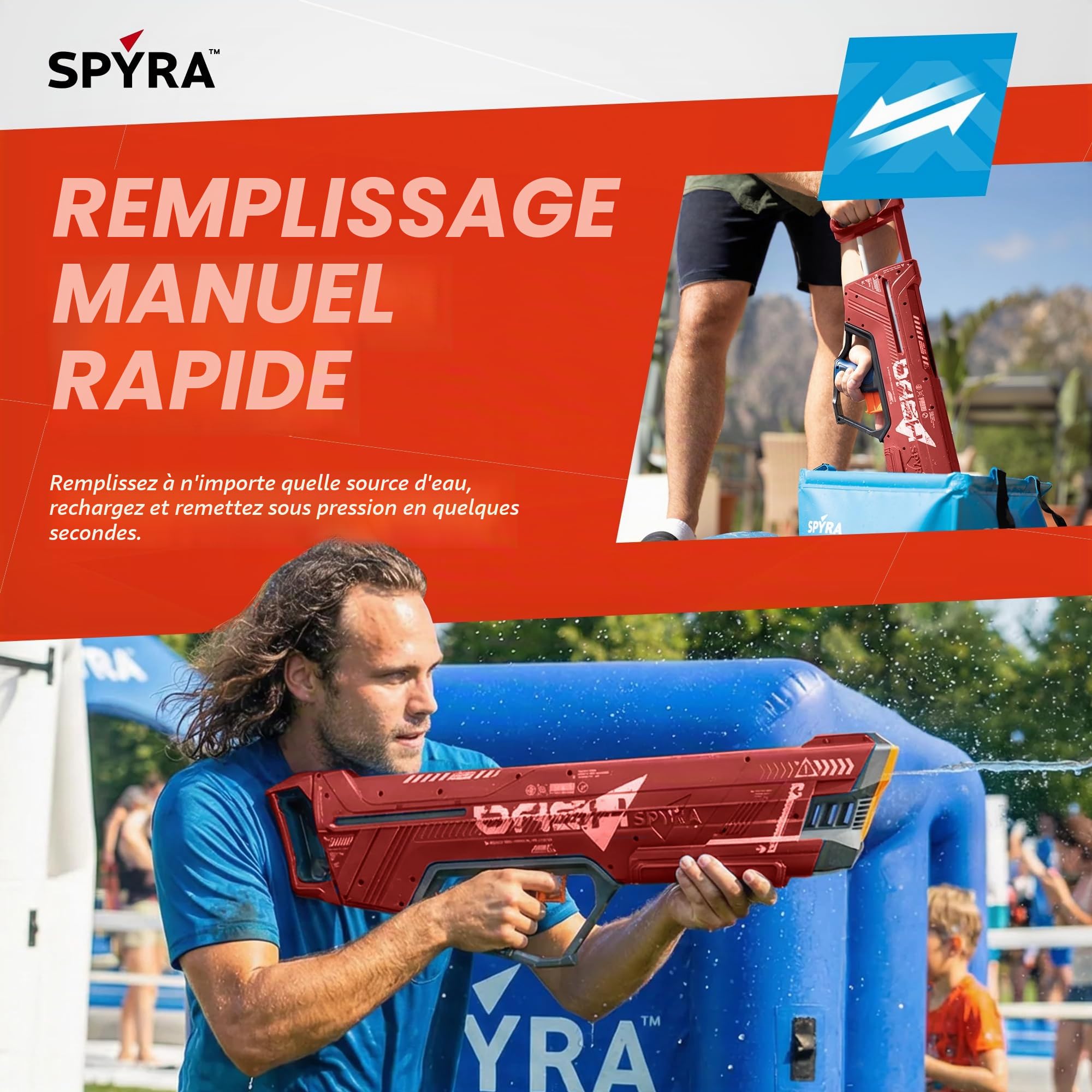 Spyra Dash Pistolet Eau Grande Porte extrmement Puissant avec mcanisme de Pompe Manuelle - Pas Besoin de Piles (Rouge)