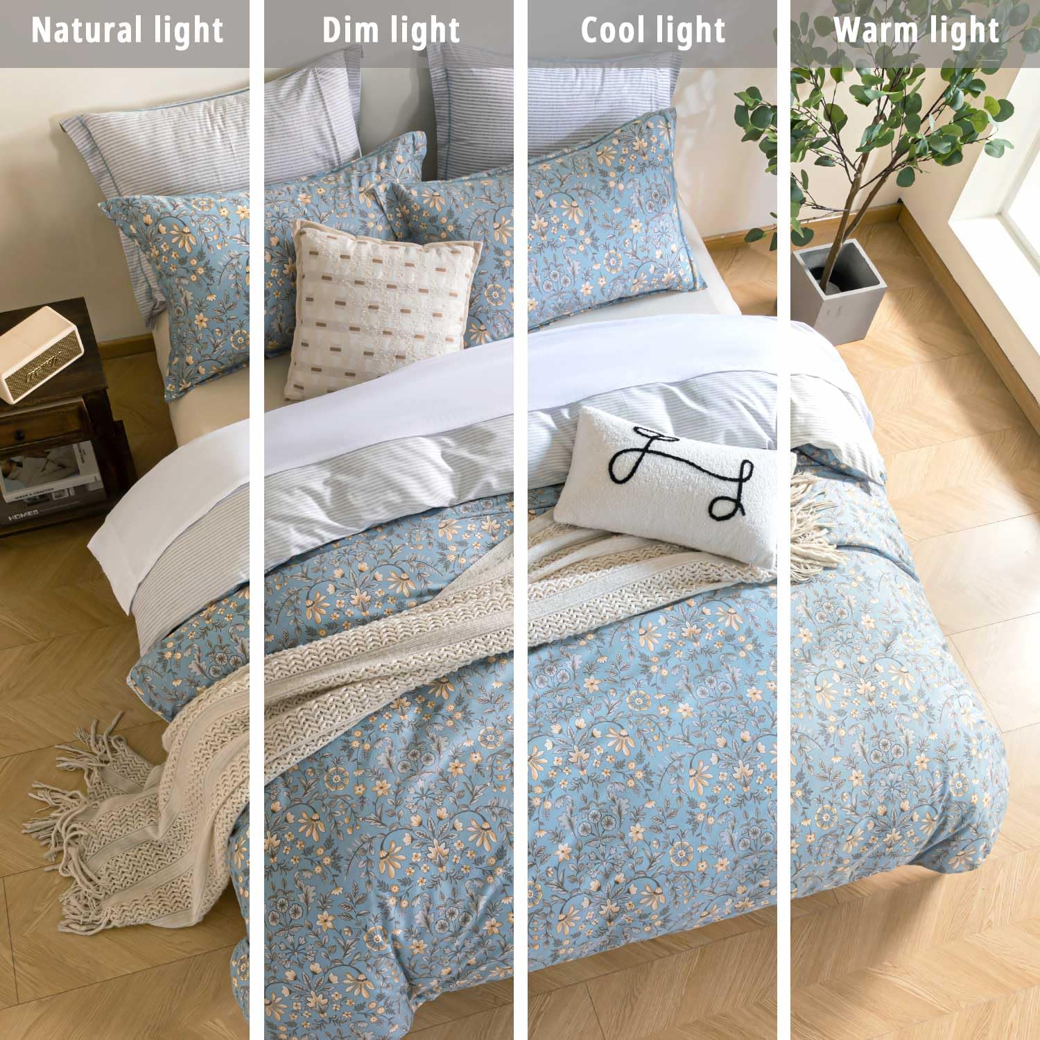 ALEISSEL Smoky Blue Botanical Cotton Comforter Queen Size - 3PC Lightweight Bedding Sets with Soft Fill, Luxurious Vintage-Inspired Floral Patterns, Light Gray Striped Reversible Design
