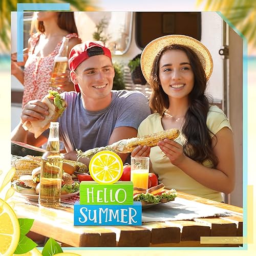 Miniatura 6 de 3 piezas de decoración de bloques de madera de verano para el hogar, bandeja escalonada de madera de limón, decoración rústica de hola verano para