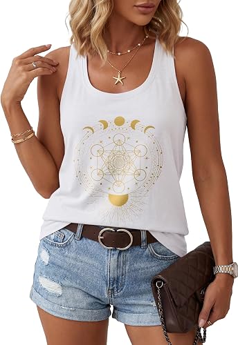 LUXVEER Women's Tank Tops Sleeveless Graphic Tees Casual Loose Racerback Camisole 2025 Summer Beach Shirts - White 4 - Medium