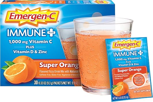 Emergen-C Immune+ 1000mg Vitamin C Powder, with Vitamin D, Zinc, Antioxidants and Electrolytes for Immunity, Immune Support Dietary Supplement, Super Orange Flavor - 30 Count/1 Month Supply