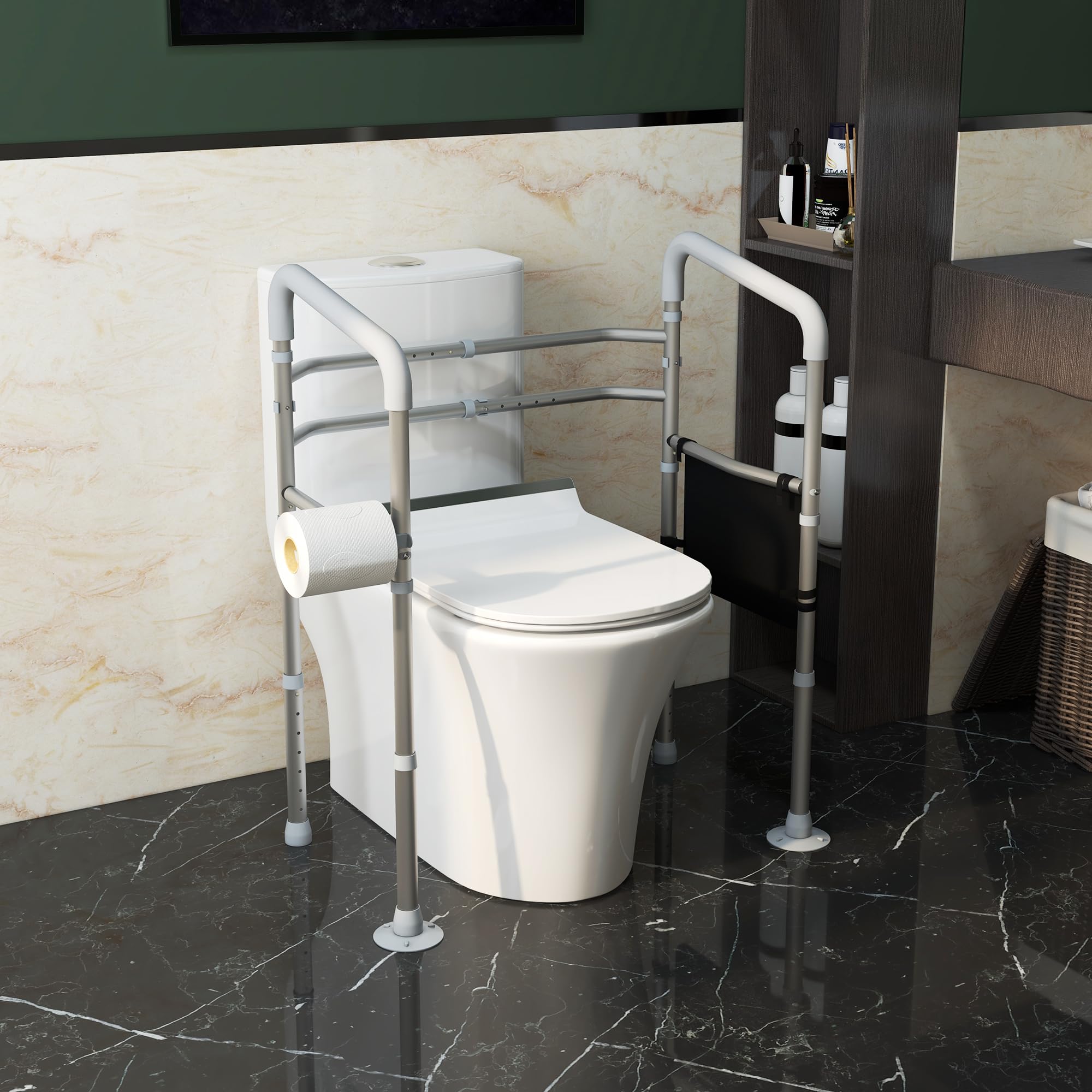 HOMCOM Supporto Water per Disabili, Sostegno con Braccioli per WC Regolabile in Altezza e Larghezza, 2 Piedini a Ventosa e Tasca Laterale