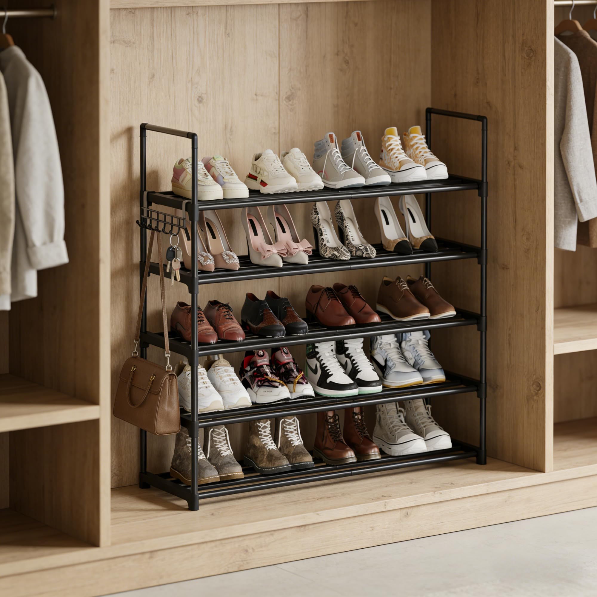 Scarpiera 5 Ripiani, Scarpiera Salvaspazio in Metallo, Porta Scarpe Verticale o Capovolta, per 20–30 Paia di Scarpe, Scaffale Salvaspazio Impilabile, Scarpiera Ingresso o da Esterno, Nera