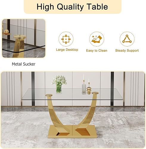 Miniatura 6 de Juego de mesa de comedor de cristal para 6, juego de mesa de cocina moderno para 6, mesa de vidrio templado de 71 pulgadas con base dorada