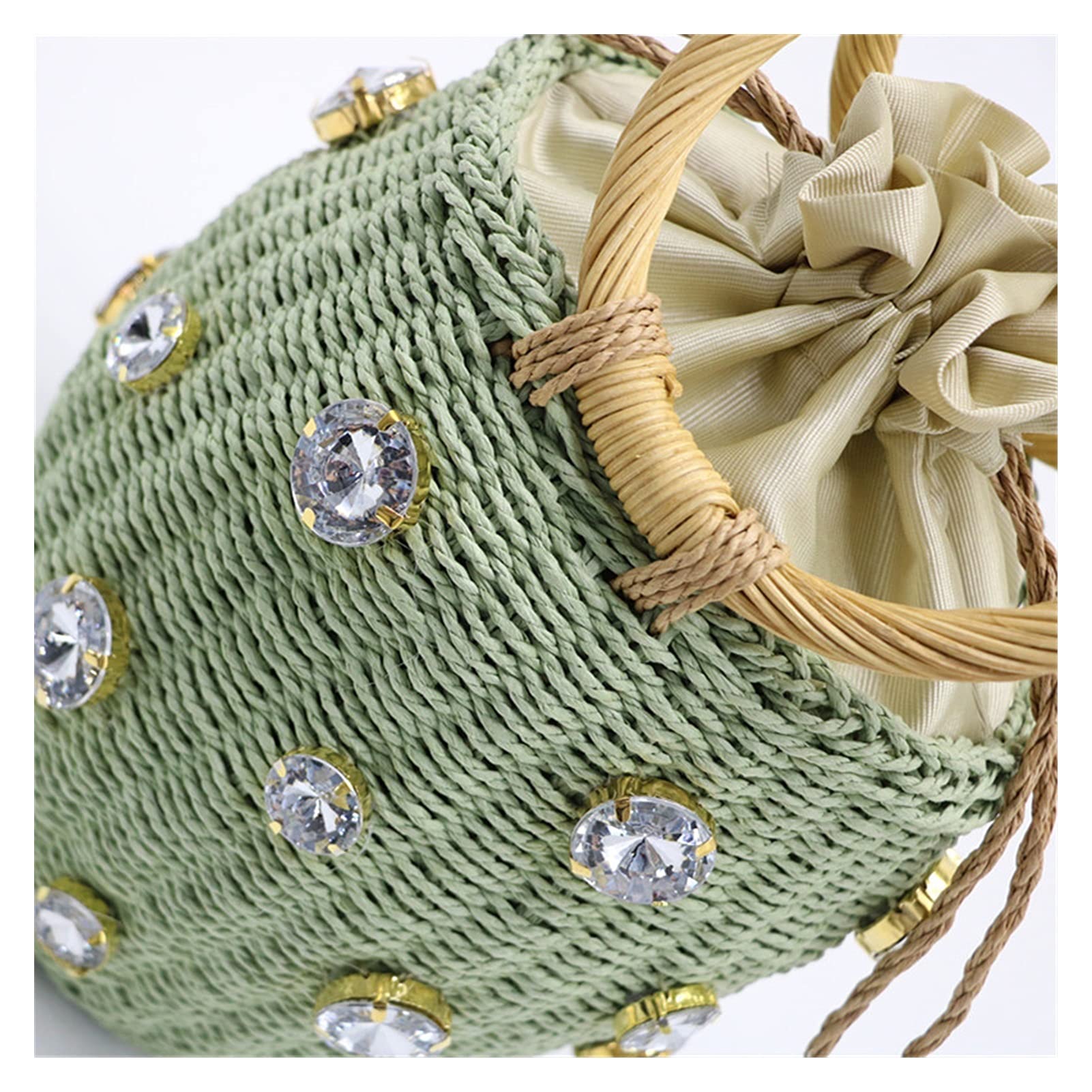 Strohtaschen Damen,Korbtaschen Damen Handgemachte Strass-Kristall-Verzierter Strohbeutel Kleine Stroh-Eimer-Taschen-Dame-Reisegeldfrauen Und Handtaschen(Beige)