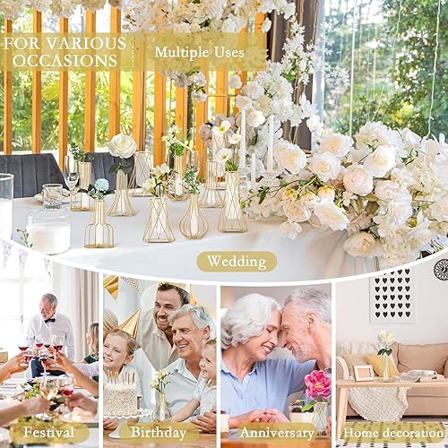 Miniatura 5 de Mifoci 10 jarrones de vidrio con soporte de metal, jarrón geométrico moderno dorado para centros de mesa, jarrón de tubo de ensayo de plantas