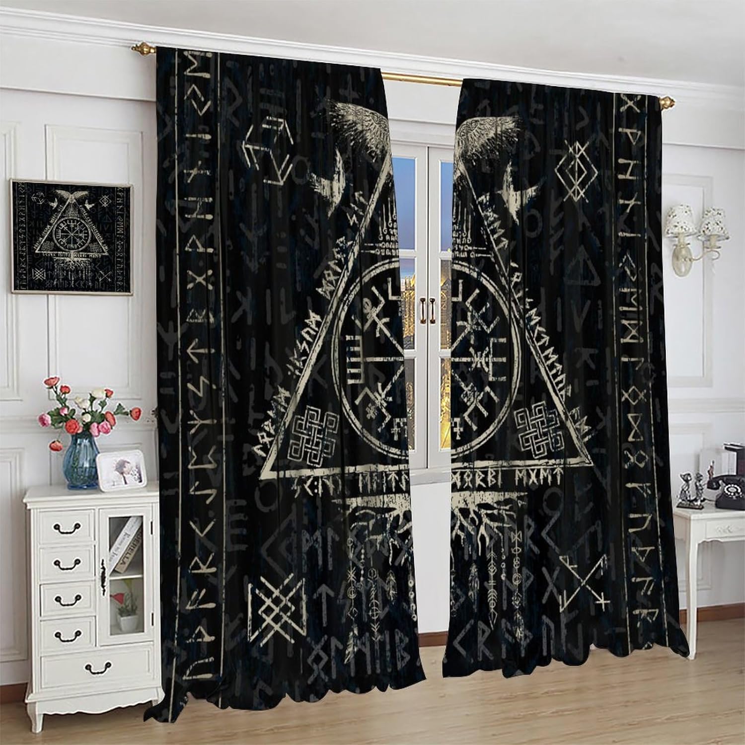 Retro Viking Mythological Symbol Curtains for Living Room, Abstract Nordic Viking Theme Raven Print Rod Pocket Thermal Insulated,Window Drapes 2 Panels 63" L x 31.5" W