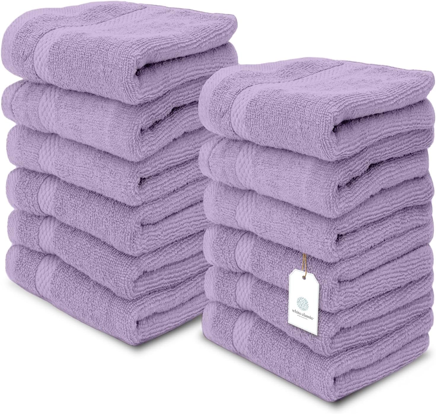 White Classic Luxury Cotton Washcloths 13x13 Inch - 650 GSM Turkish Cotton | Hotel, Spa, Bathroom Face Towel | 12 Pack, Lavender