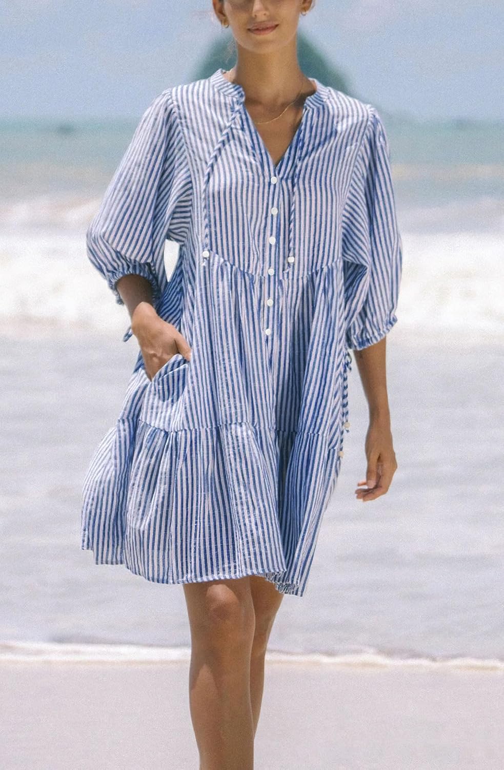 chouyatou Women's Summer V-Neck Casual Striped Midi Shirt Dress Tiered Boho Beach Tunic Babydoll Dress - Image 2