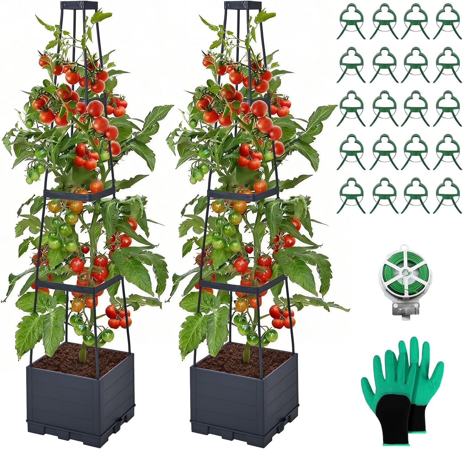 2 Pack Raised Garden Bed, Tomato Cages for Garden, Garden Bed, Tomato Cage, Planter Box with Trellis, 57" Self-Watering Tomato Planter for Climbing Plants Vegetables Flowers Outdoor Indoor