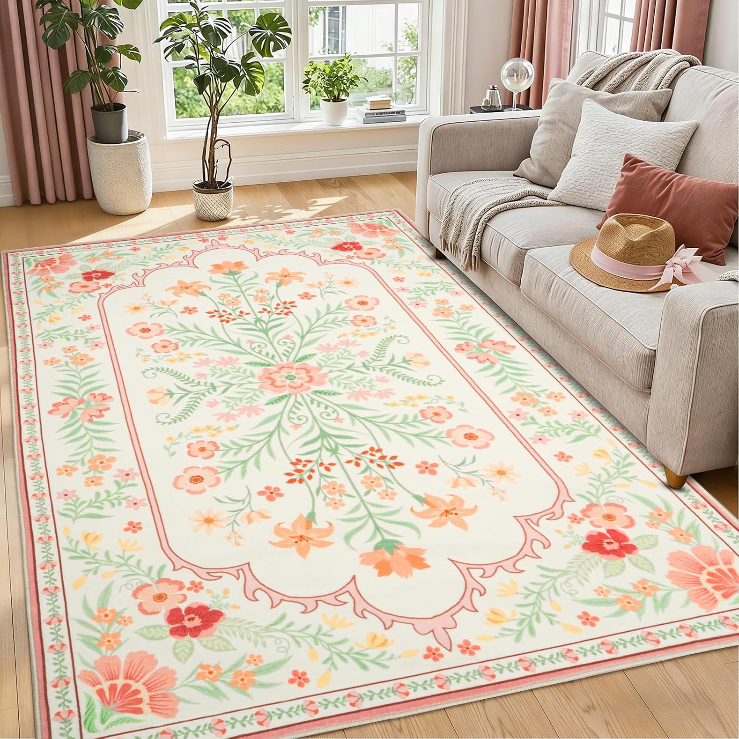 Instellar 4x6 Floral Area Rug - Washable Non-Slip Low-Pile Floral Pattern Rug for Bedroom Living Room Kitchen (Pink)