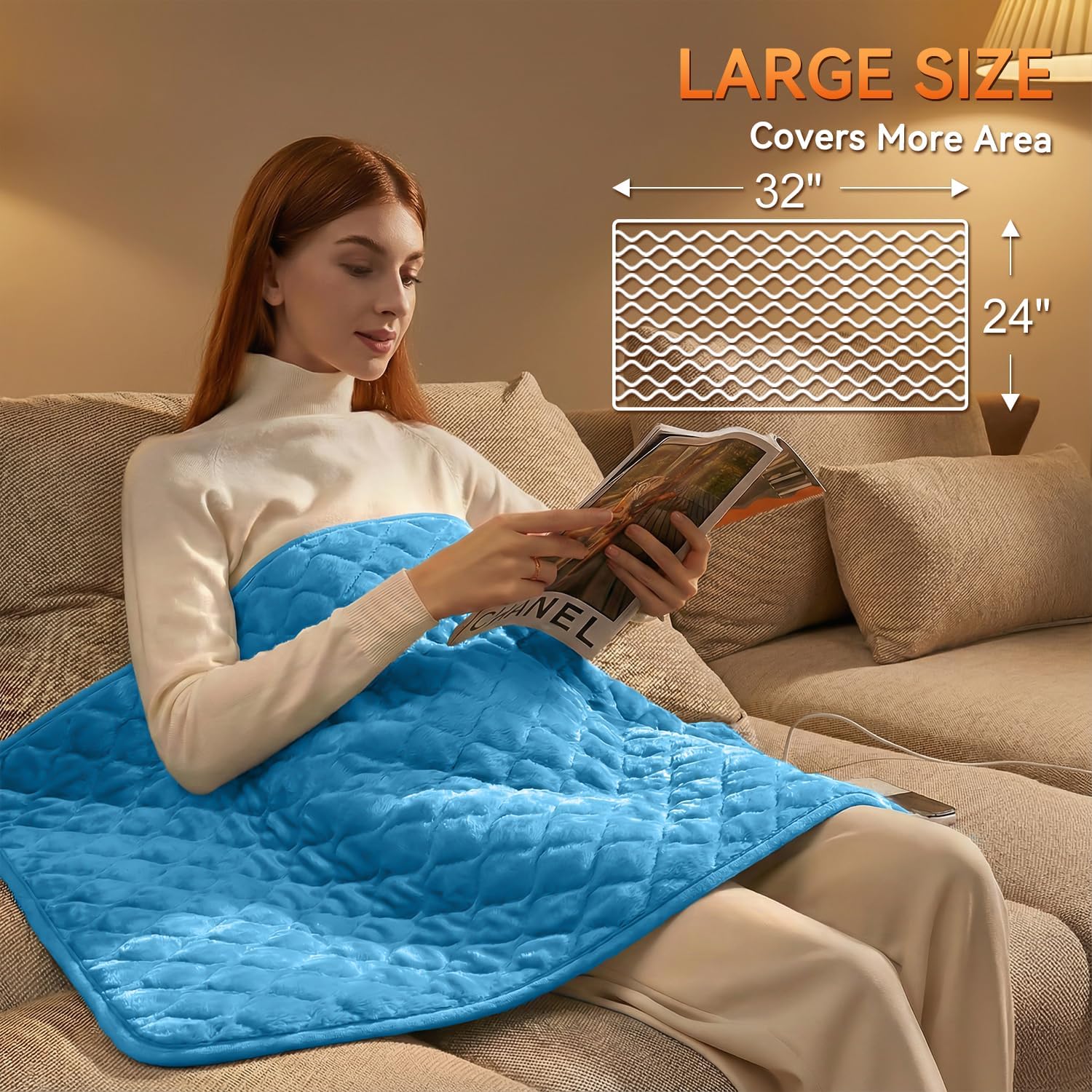 King Size Heating Pad for Back Pain 32"x24" Extra Large Electric Heating Pad for Period Cramps Relief & Body Neck Shoulder Auto Shut Off Heat Pad Temperature Settings Machine Washable Blue