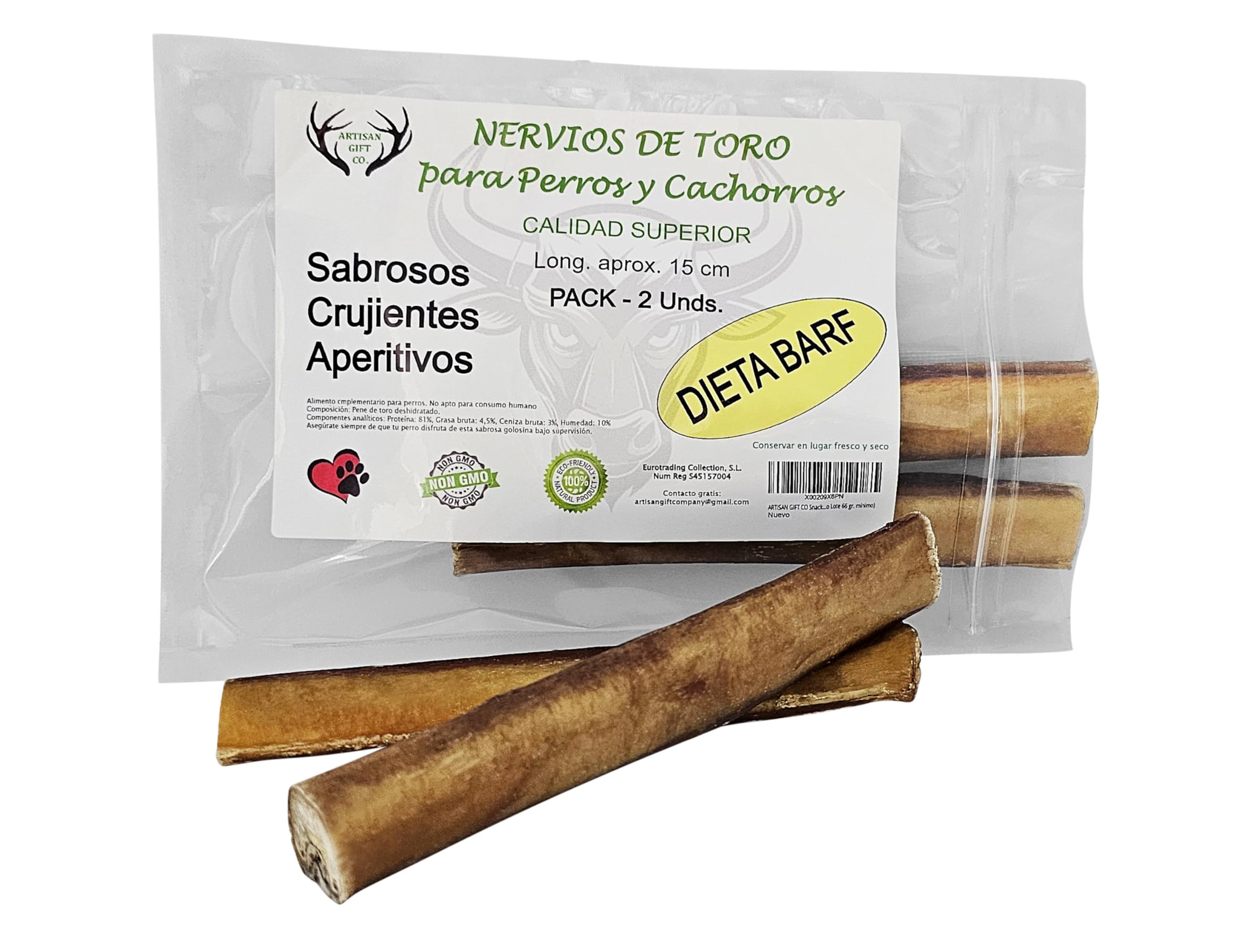 ARTISAN GIFT CO Snacks Naturales para Perros – 100% Carne Sabrosa Deshidratada, Apto para Dieta Barf (60 gr, Nervios de Toro 15cm)