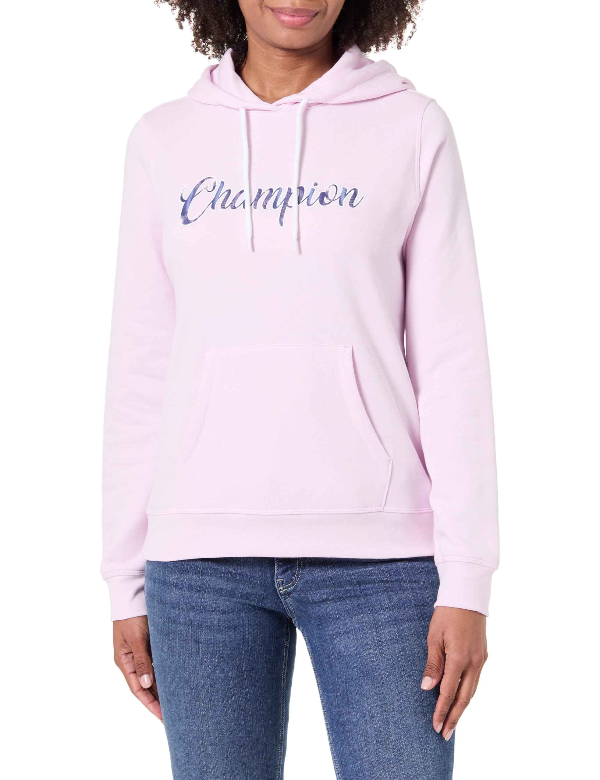 Champion Women's fleece hoodie, rib cuff and hem, front kangaroo pocket, hood with adjustable drawcords, graphic logo Pink