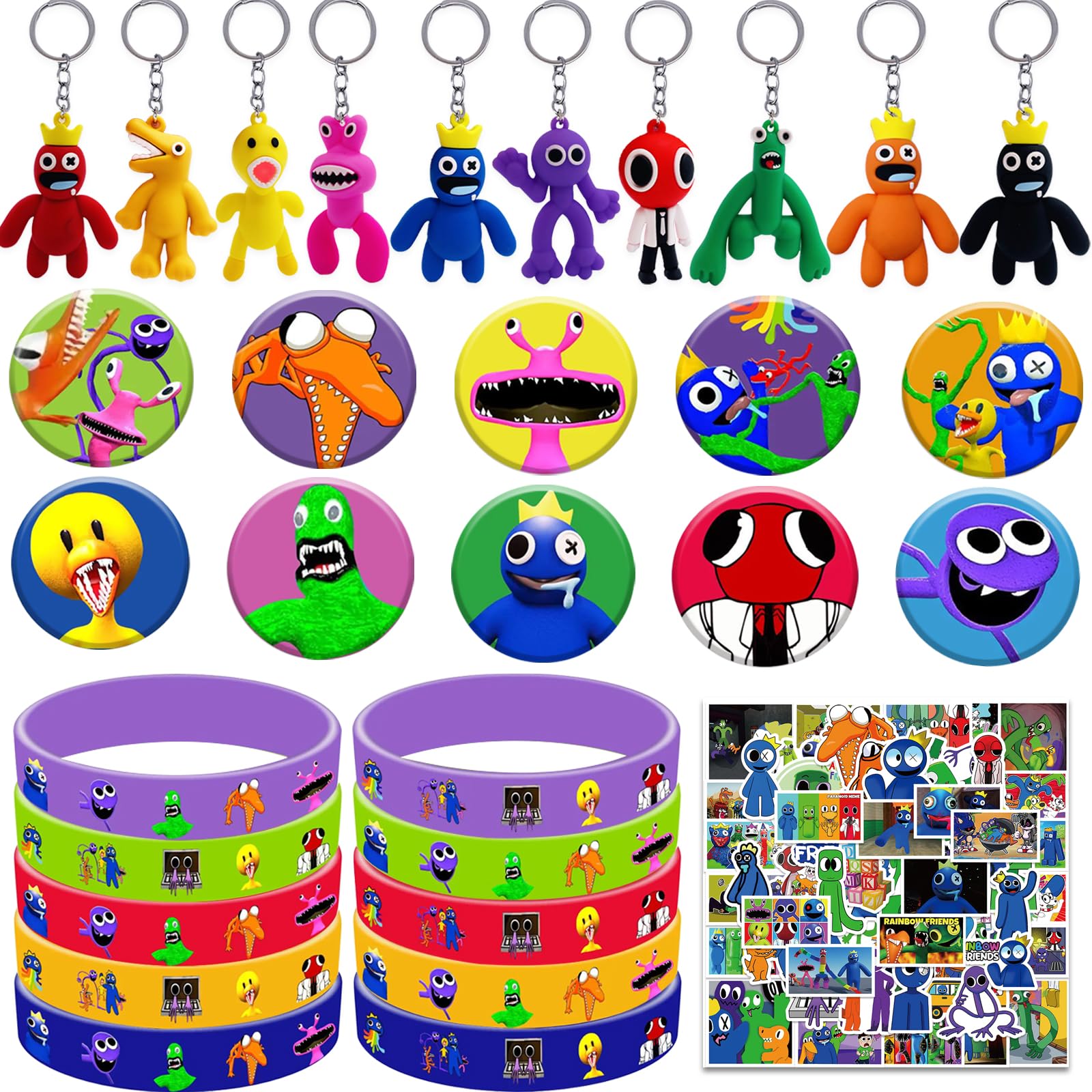 anuky 80Pcs Rainbow Birthday Decorations Rainbow Party Birthday Supplies Includes 10 Wristbands,10 Brooches,10 Keychains, 50 Friends Stickers for Game Happy DIY Party Decorations
