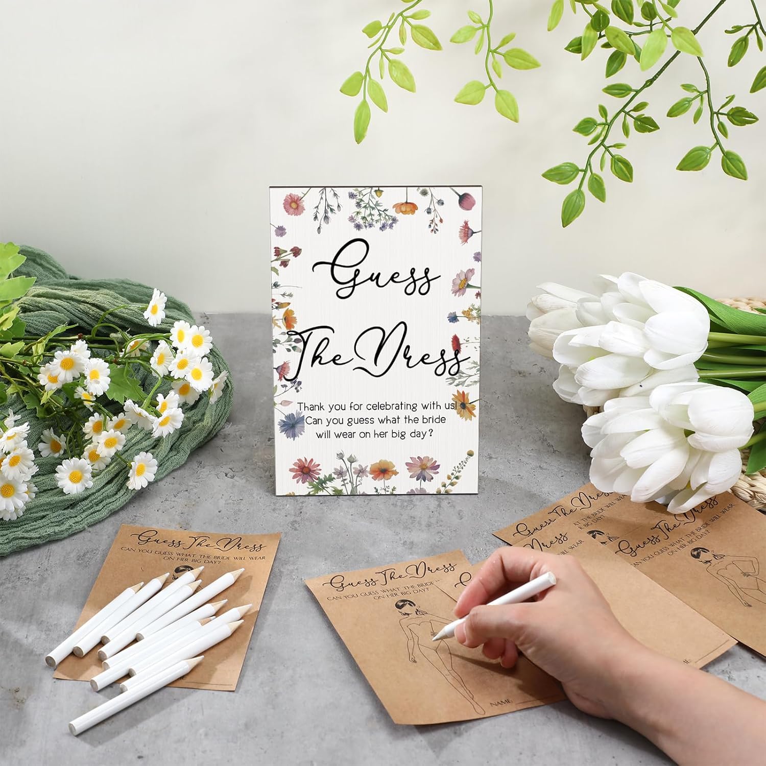 Seajan 50 Sets Guess The Dress Bridal Shower Game Wooden Sign Fun Bridal Shower Games Table Sign 50 Small Guessing Cards 50 Pencils for Guests Wedding Bachelorette Party Supplies(Wild Flowers)