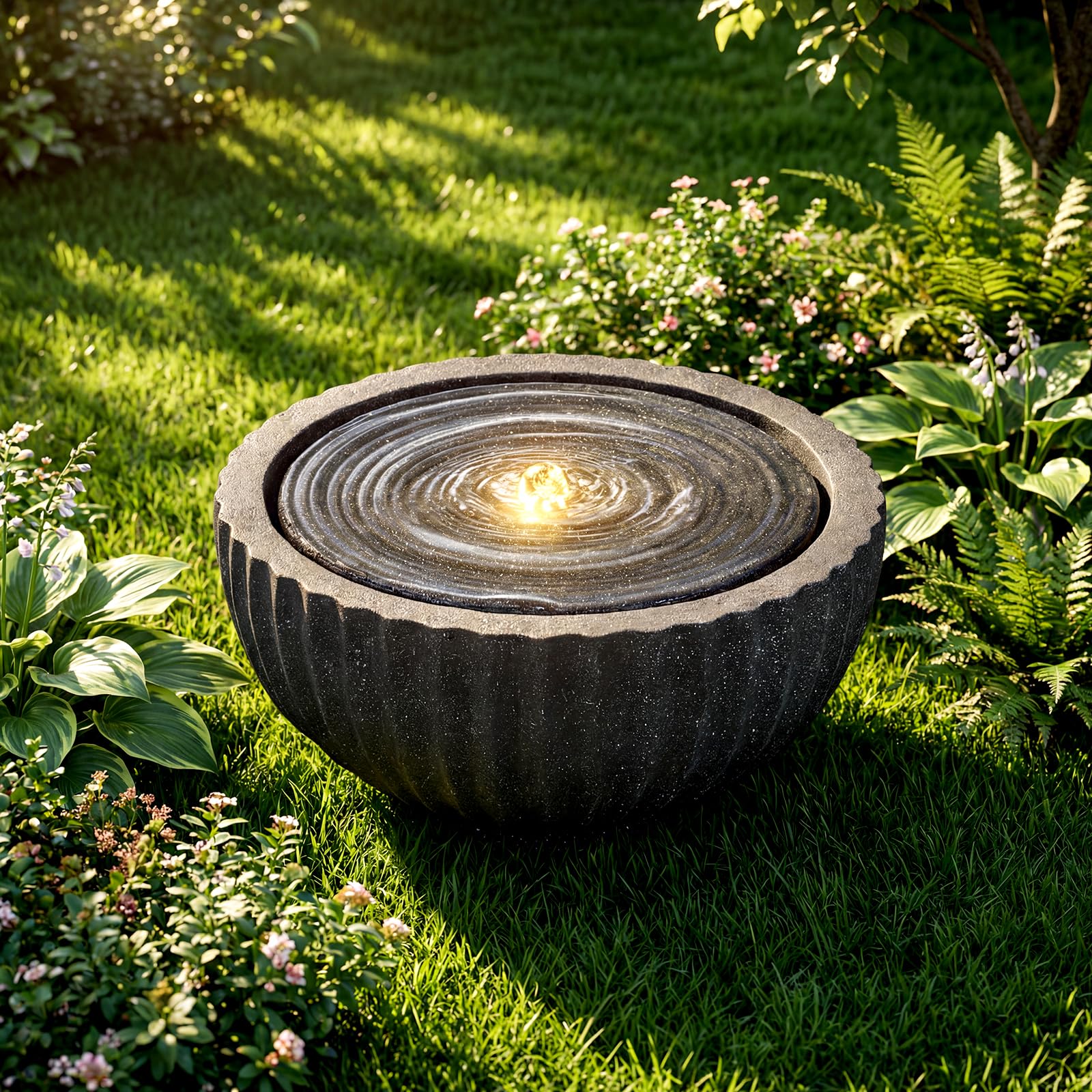 COSTWAY Springbrunnen Rund, Gartenbrunnen mit LED Beleuchtung & Pumpe, Brunnen Outdoor, Steinoptik, Zimmerbrunnen draußen, Wasserfall Brunnen für Garten Balkon Terrasse, 45 x 45 x 23,5 cm