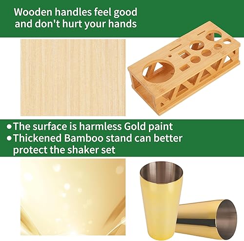 Miniatura 3 de Juego de coctelera con soporte de bambú, juego de barra de 13 piezas de acero inoxidable para barman profesional y hogar (dorado)