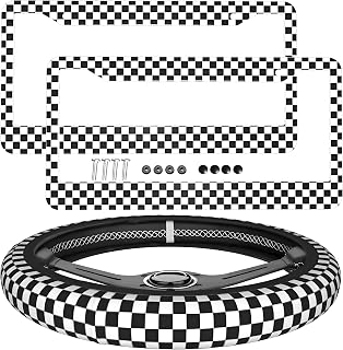 Checkerboard License Frame 2PCS + Checkerboard Steering Wheel Cover Set