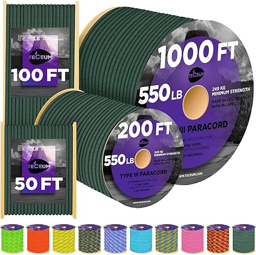 Vista 172 de TECEUM - Cuerda resistente 1000 de 1000 / 200 / 100 / 50 pies, más de 40 colores, cuerda para supervivencia y campamento, cuerda de nailon Patriot