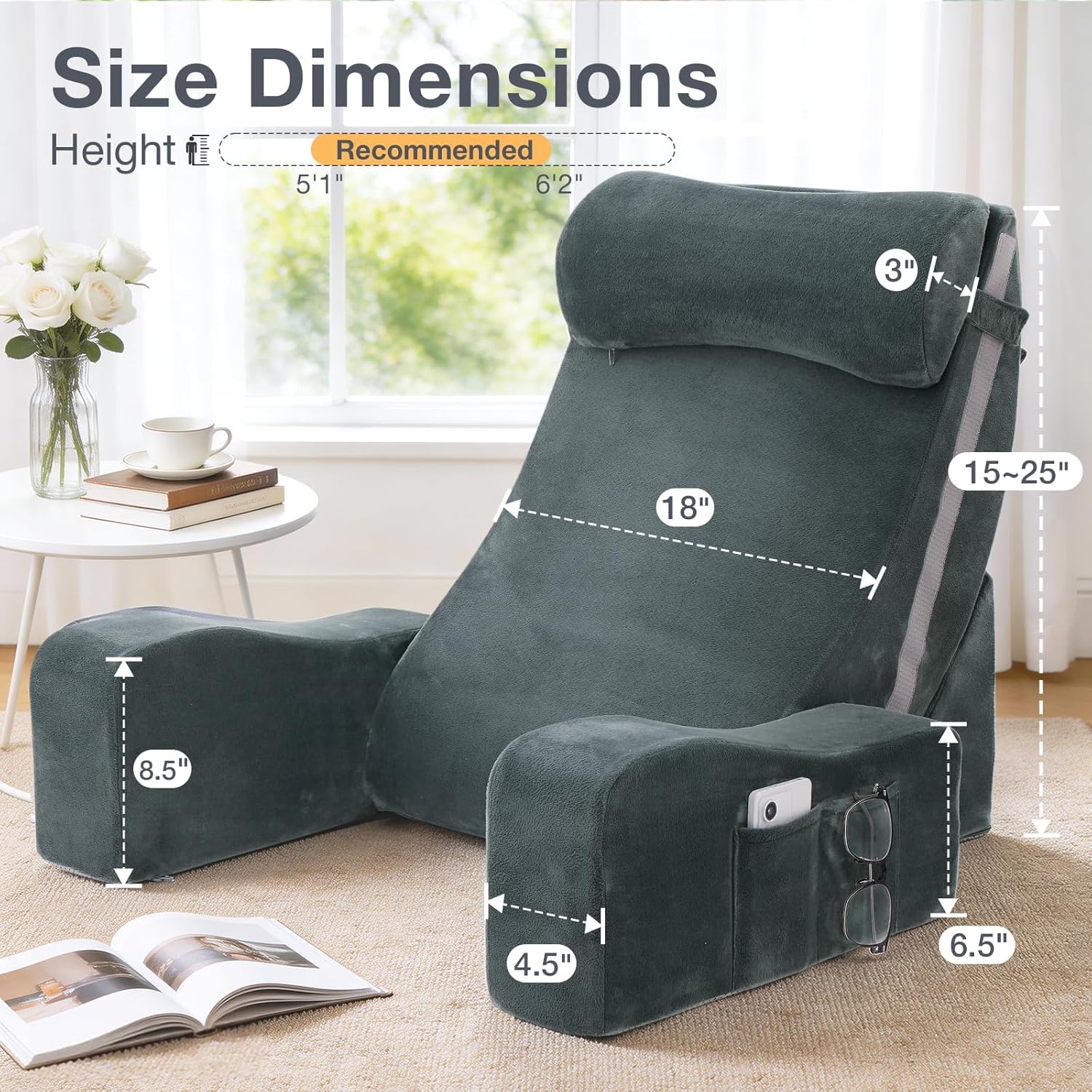 Sasttie Reading Pillow with Armrests, 15–25 Inch Adjustable Back Support Pillow for Bed Sitting Up, Memory Foam Back Rest Cushion Bed Chair for Reading, Gaming & Relaxing, Dark Grey