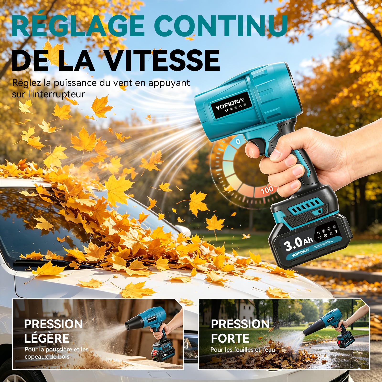 Yofidra Souffleur de Feuilles sans Fil, Mini Souffleur à Feuilles avec Turbocompresseur, 33 000 TR/Min, 300m/s, avec 2 Batteries, 3 Vitesses, 4 Buses, pour Jardin, Voiture, Terrasse et