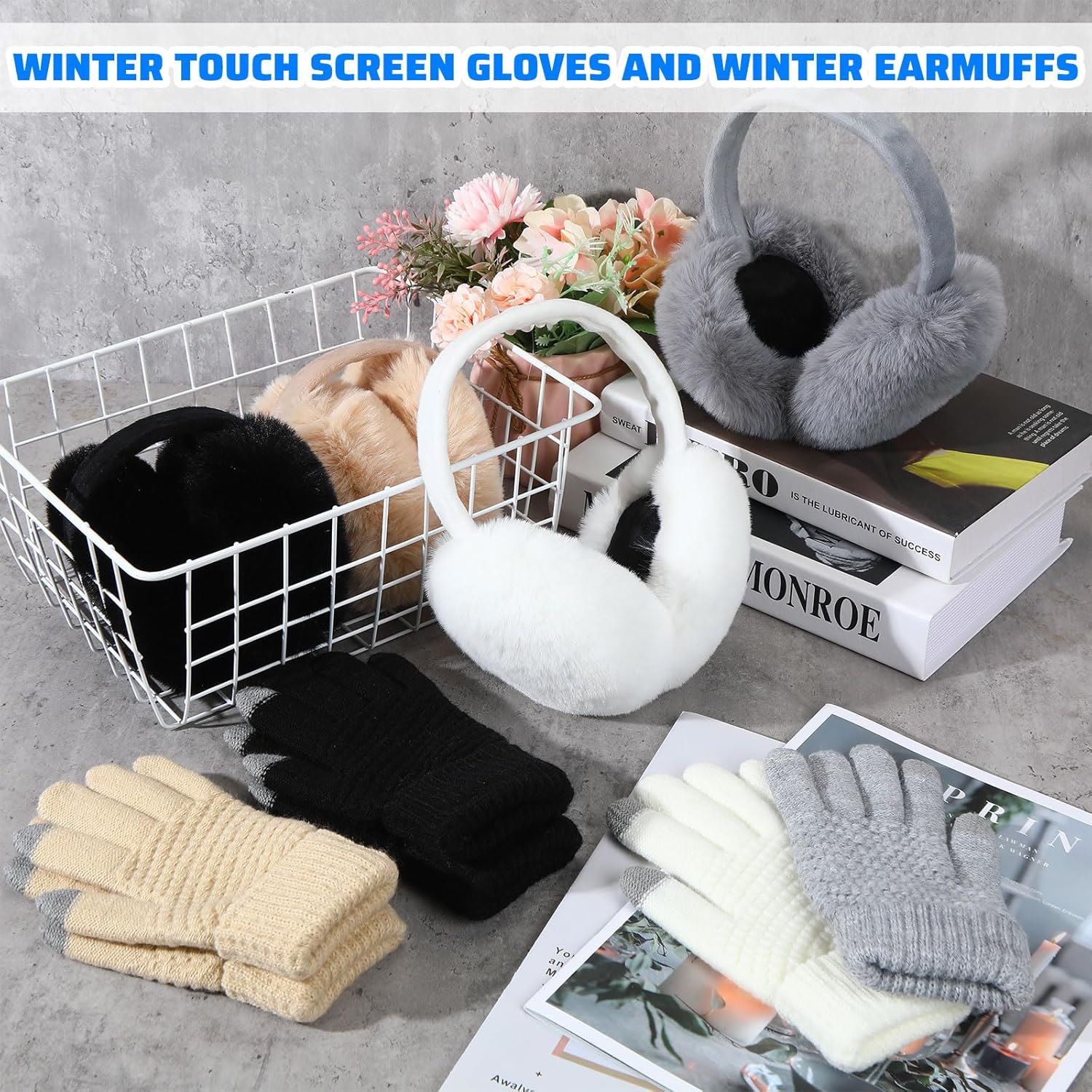 Liitrsh 8 Pack Winter Touch Screen Gloves with Winter Ear Muffs Warm Fleece Lined Knit Gloves and Foldable Earmuffs for Women - Image 2