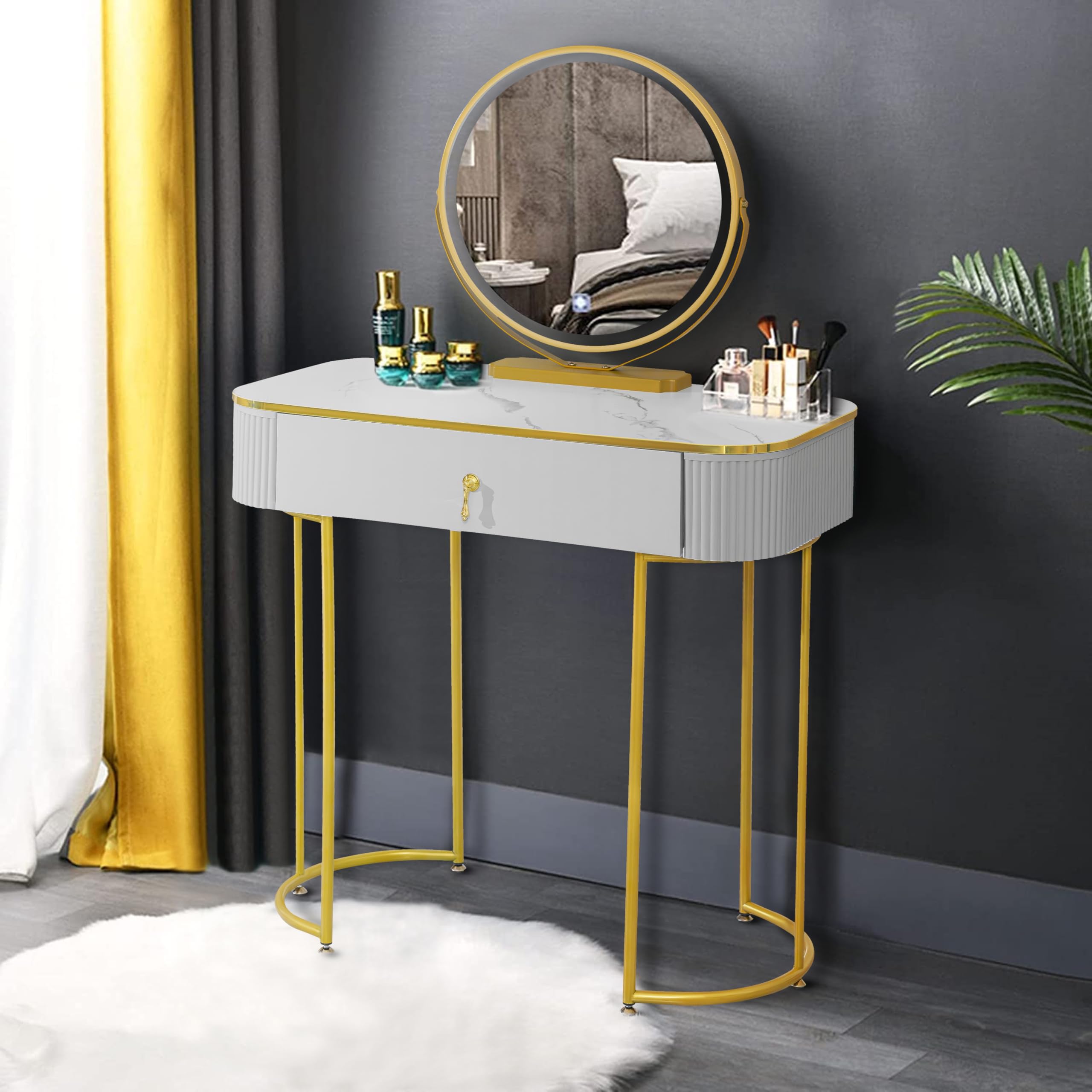 Nouvage Design Premium Dressing Table with Adjustable LED Mirror in Grey  Gold 80cm