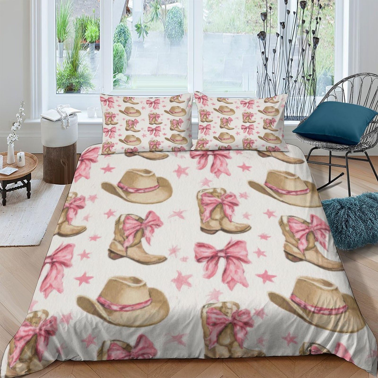 Ctjqhvkz Style-6 3D Printed Cowboy Hat Fitted Sheet Microfiber Pink Bow Bed Sheet For Bedroom Guest Room Mattress Decor Easy Care Single（135X200cm）