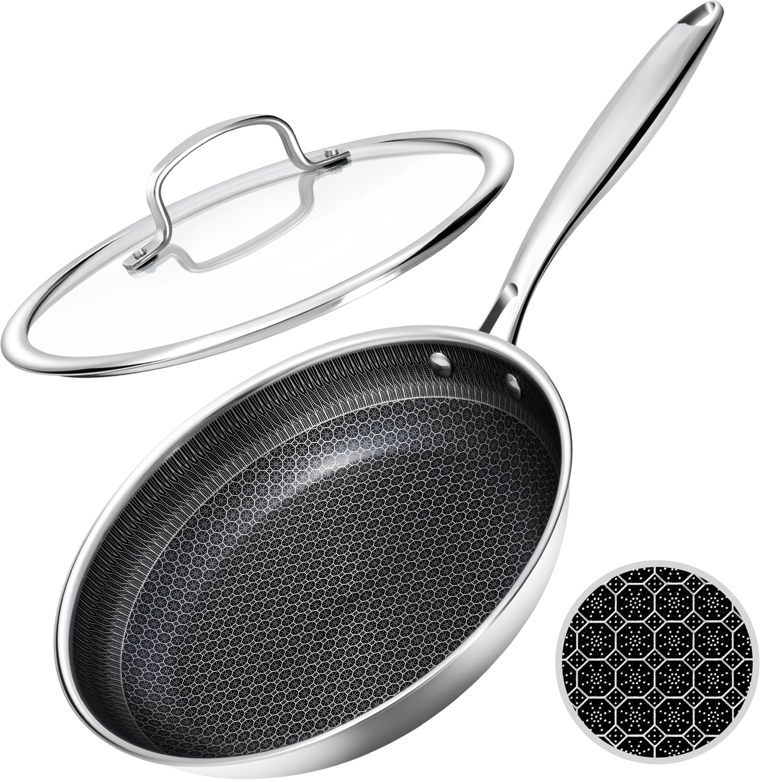 Nonstick Frying Pans with Lid, 8-Inch Non stick Skillet with Honeycomb Surface