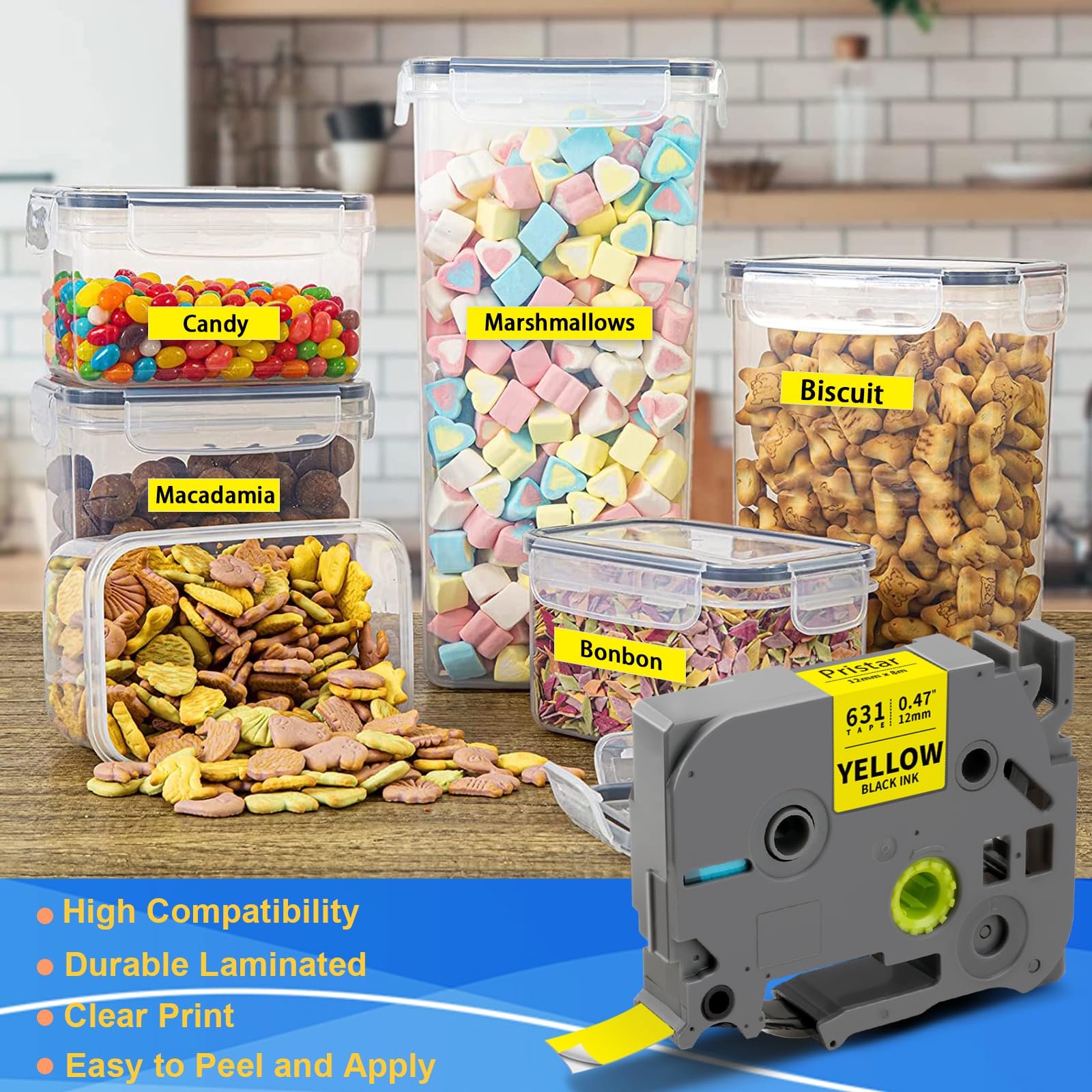 Pristar 12mm Compatible Brother TZe-631 TZ-631 TZe631 Ruban Noir sur Jaune Laminé pour P-touch