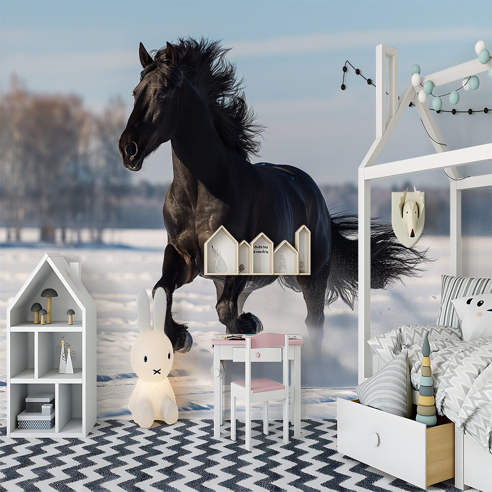 Papier Peint Intissé Photo Mural Cheval noir - Décoration Murale Toison pour Salon, Chambre à Coucher, Salle - Tableaux Tapisserie Photo - 250 x 175 cm