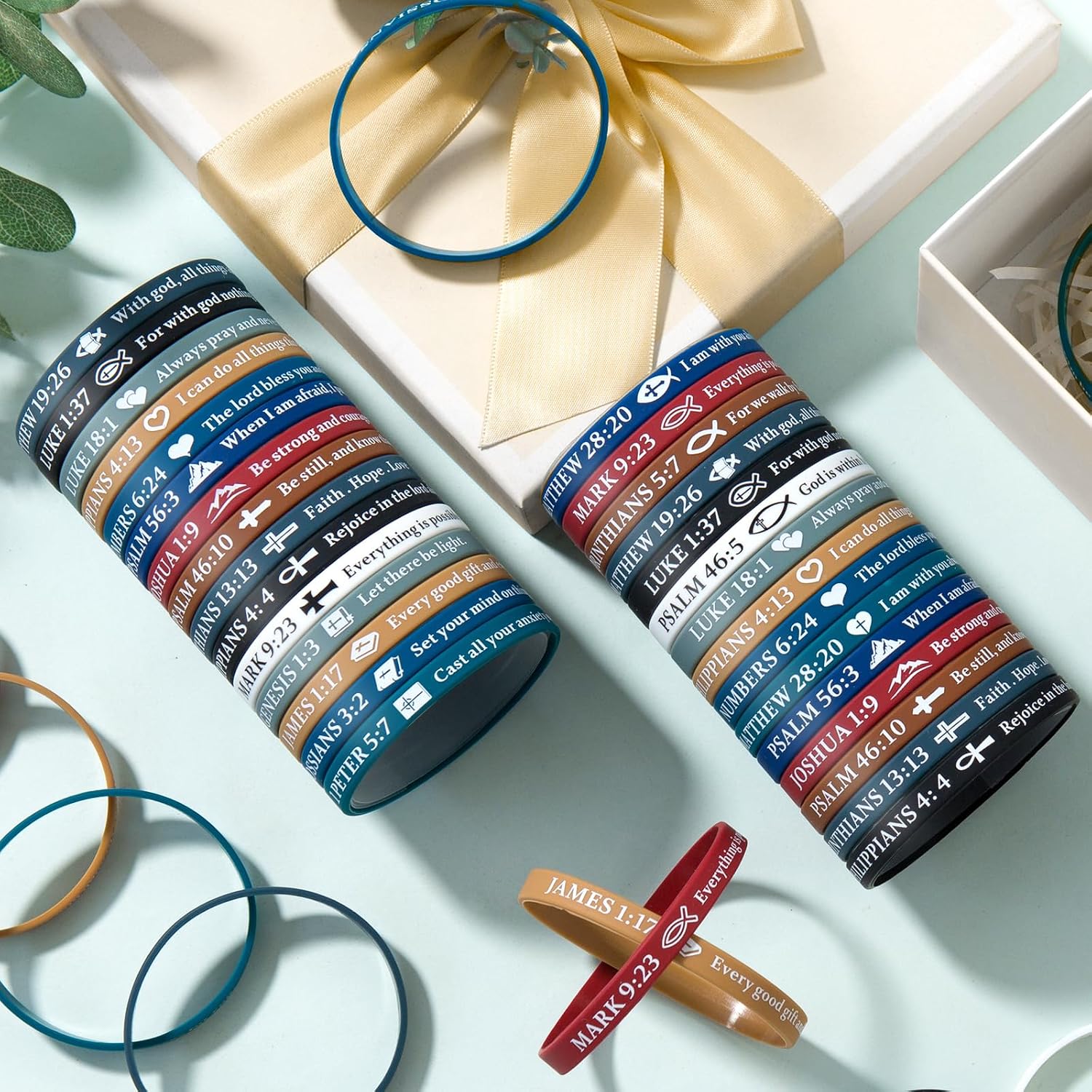Ultra-Thin 40 Pieces Christian Rubber Bracelets Bulk Bible Verse Scripture Silicone Wristbands Gifts for Sunday School Prizes Bible Silicone Bracelets
