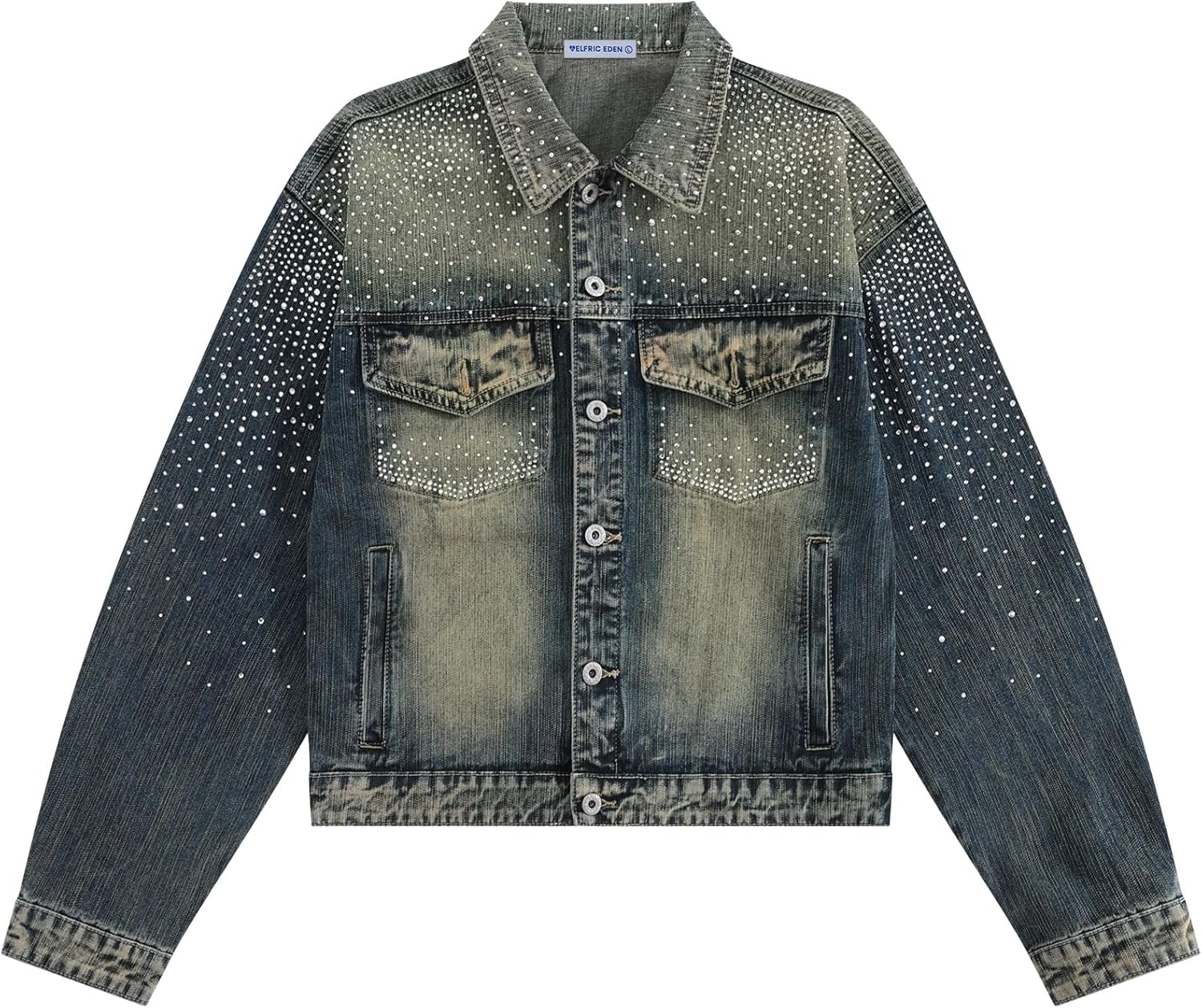 Aelfric Eden Men Vintage Denim Jacket Rhinestone Wash Jeans Coat Boxy Trendy Loose Crop Coats
