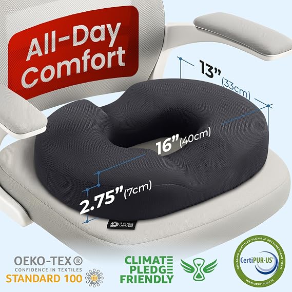 5 STARS UNITED Memory Foam Pillow, Car Seat Cushion, Donut, Black, Small | Donut-shaped seat cushions, non-slip base, washable cover, tailbone and coccyx support, for office chair and wheelchair